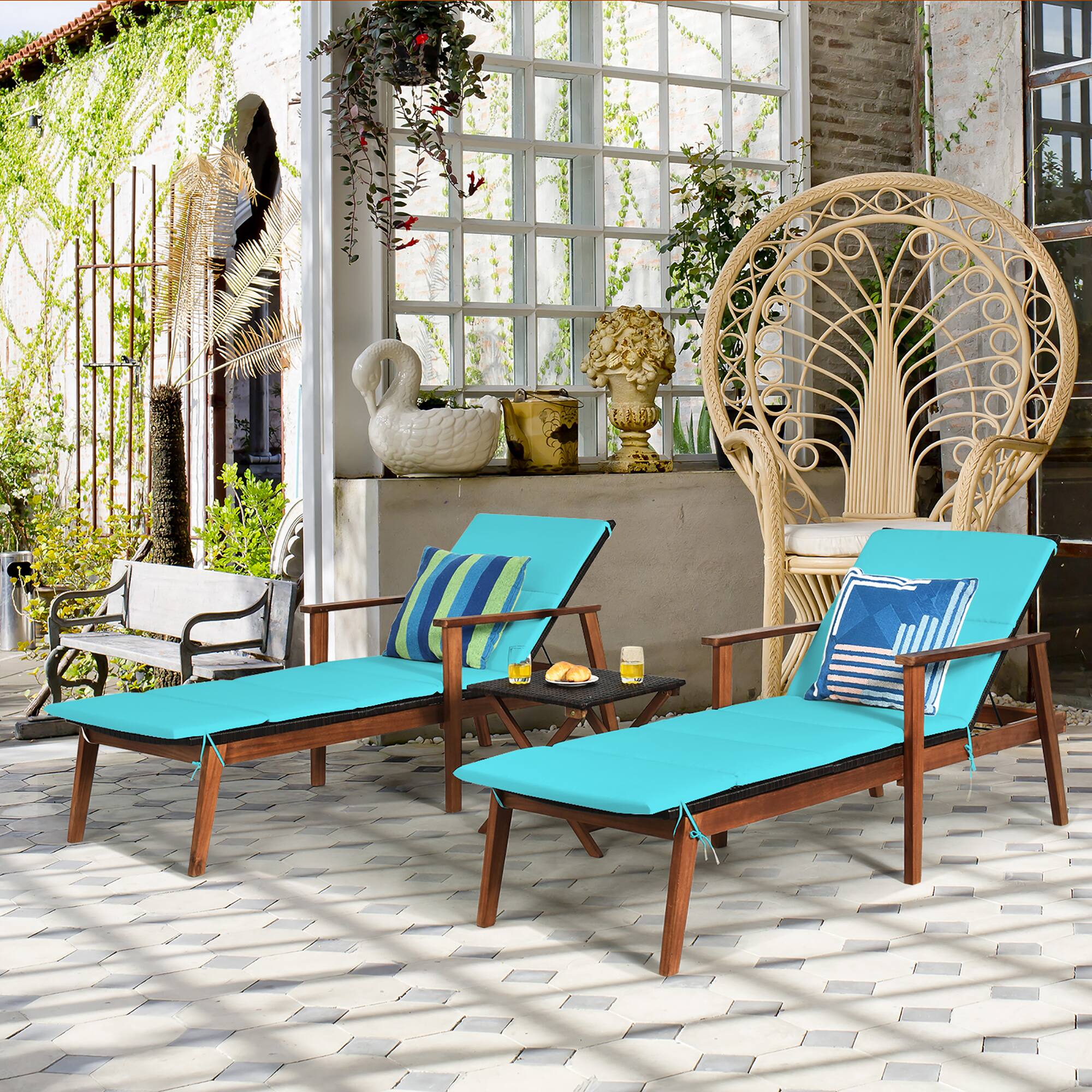 Alt View 4. Costway - Costway 3PCS Patio Rattan Lounge Chair Folding Table Set Chaise Wood Cushioned - Turquoise.
