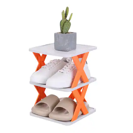 Front. Unique Bargains - 3-Tier Plastic Shoe Rack, Vertical Stackable Folding Narrow Shelf for Closet Entryway Garage - Orange/White.