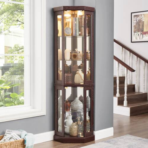 Left. LUCKY ONE - 15.31in Freestanding Corner Curio Cabinet with Glass Shelves LED Light Display for Wine Bar Collectibles - Cherry.