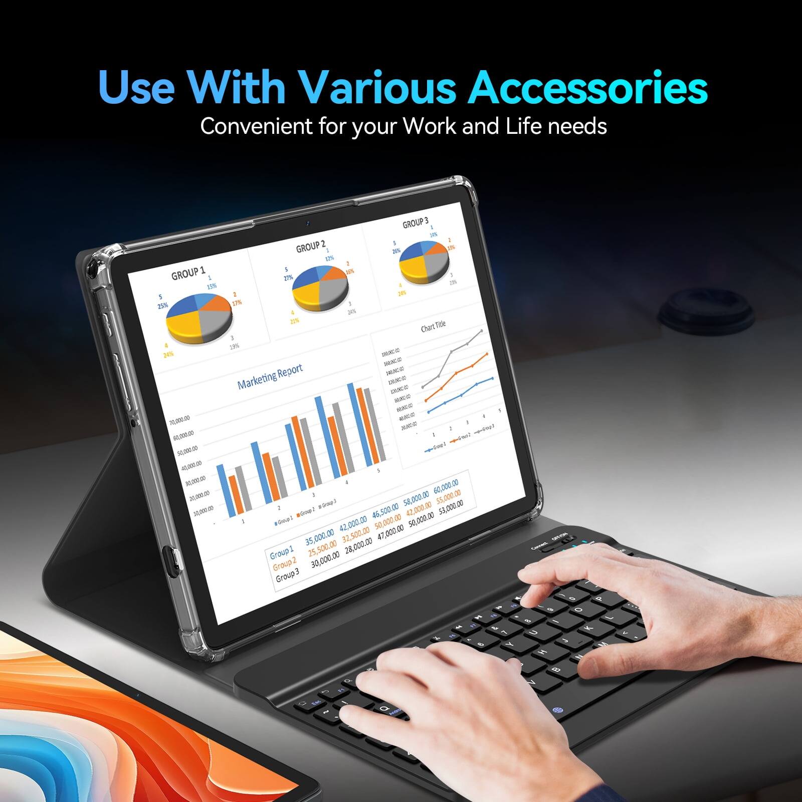 Use With Various Accessories  
Convenient for your Work and Life needs  

GROUP 1  
- 25%  
- 24%  
- 2%  
- 3%  
- 2%  
- 4%  

GROUP 2  
- 25%  
- 24%  
- 2%  
- 3%  
- 2%  
- 4%  

GROUP 3  
- 25%  
- 24%  
- 2%  
- 3%  
- 2%  
- 4%  

Marketing Report  
- Group 1: 35,000.00  
- Group 2: 30,000.00  
- Group 3: 28,000.00  
- Group 4: 47,000.00  

Chart Title  
- 1  
- 2  
- 3  
- 4  
- 5  
- 6  
- 7  
- 8  
- 9  
- 10  

- 50,000.00  
- 60,000.00