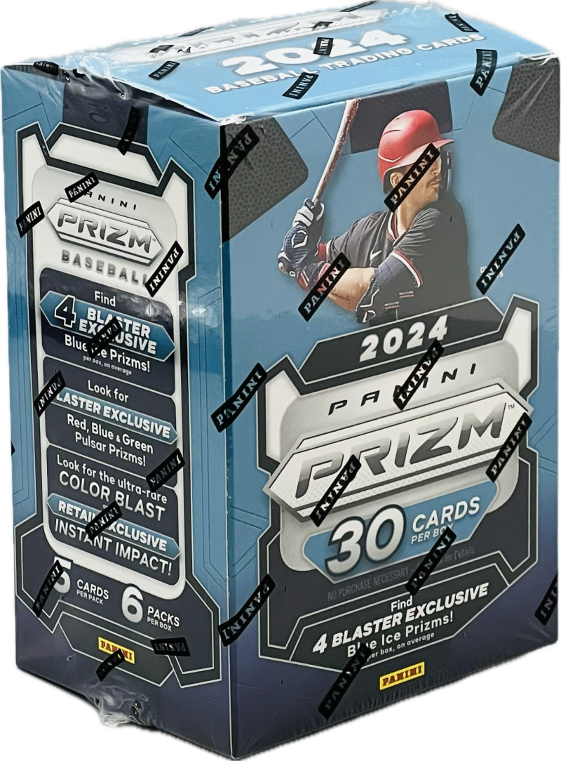 PANINI PRIZM BASEBALL 2024  
Find 4 BLASTER EXCLUSIVE Blue Prizms! per box, on average.  
Look for LASTER EXCLUSIVE Red, Blue & Green Pulsar Prizms!  
Look for the ultra-rare COLOR BLAST RETAIL EXCLUSIVE!  
INSTANT IMPACT!  
30 CARDS PER BOX  
6 PACKS PER BOX  
NO PURCHASE NECESSARY  
Find 4 BLASTER EXCLUSIVE B' Ice Prizms! per box, on average.