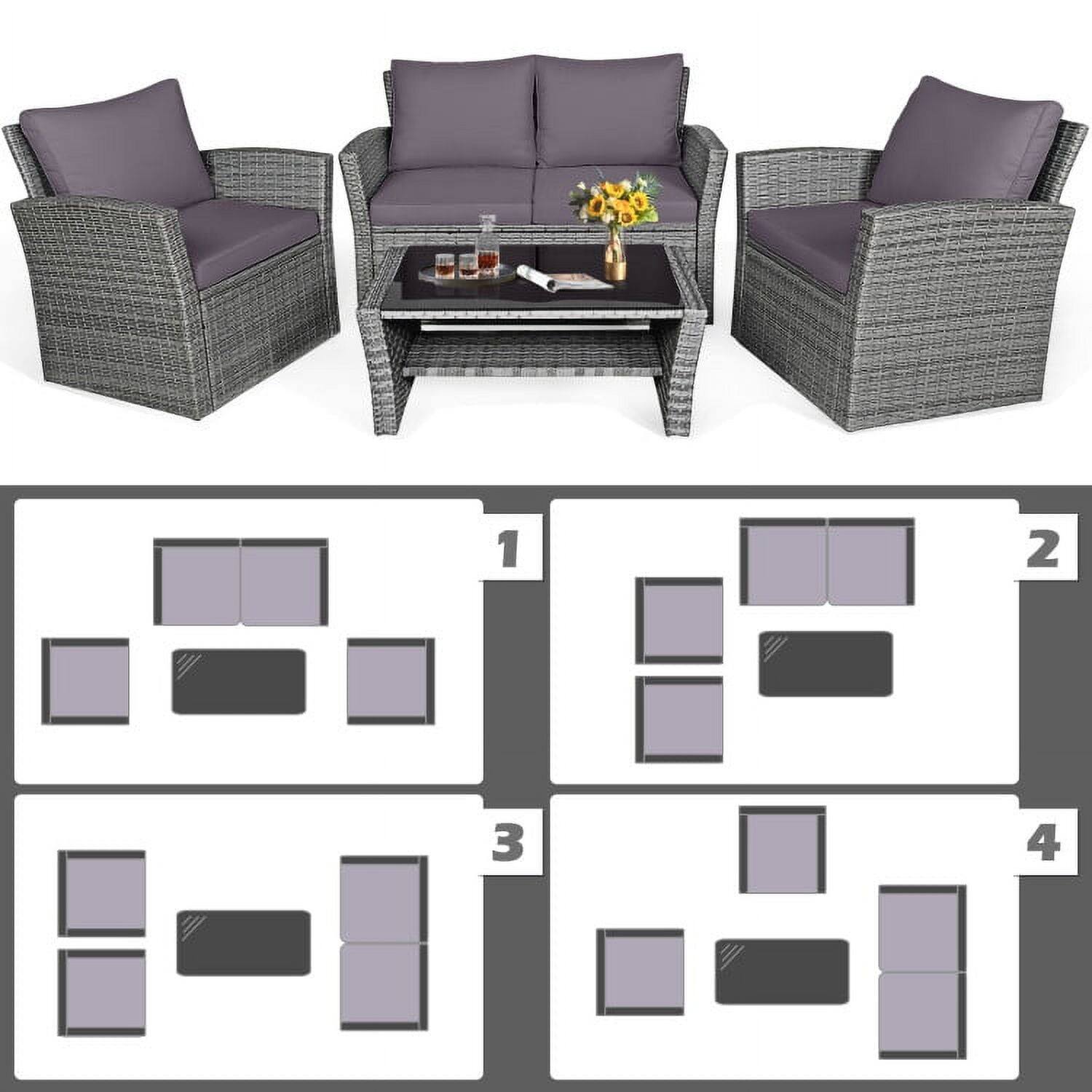 Alt View 6. Kadyn - 5 Pcs Patio Rattan Furniture Set Garden Conversation Sets with Ottoman and Tempered Glass Coffee Table-Turquoise - Gray.