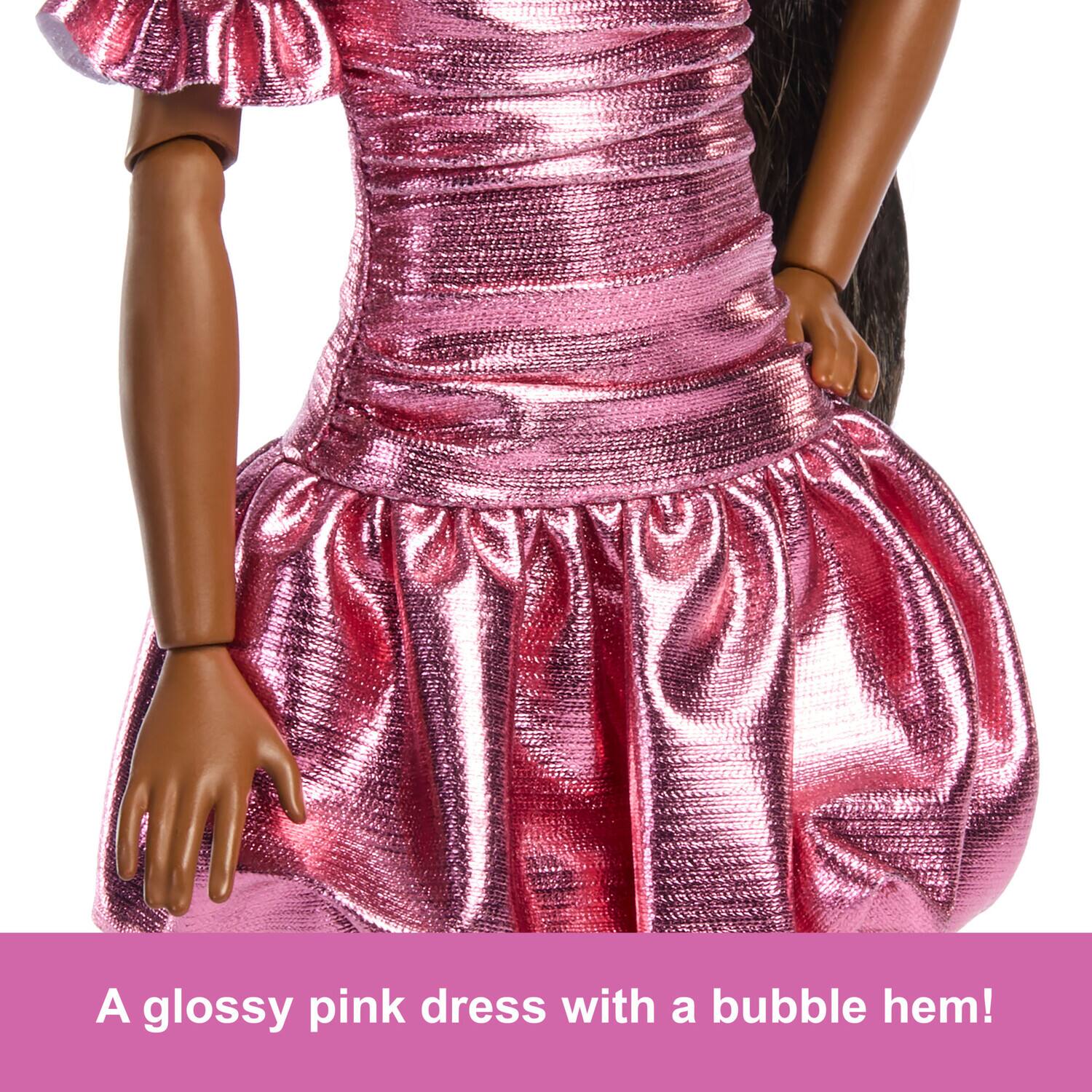 A glossy pink dress with a bubble hem!