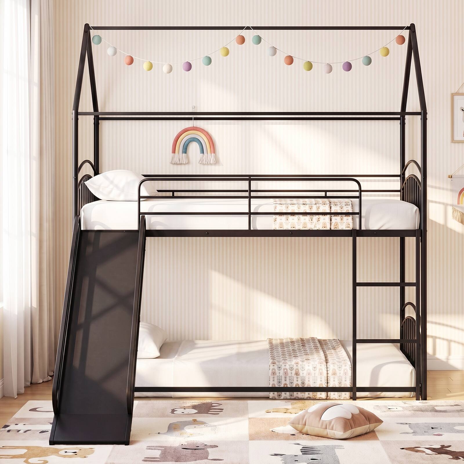 Alt View 1. Gymax - Gymax House Bunk Bed Frame w/ Metal Slats Reversible Ladder & Slide for Bedroom Black - Black.