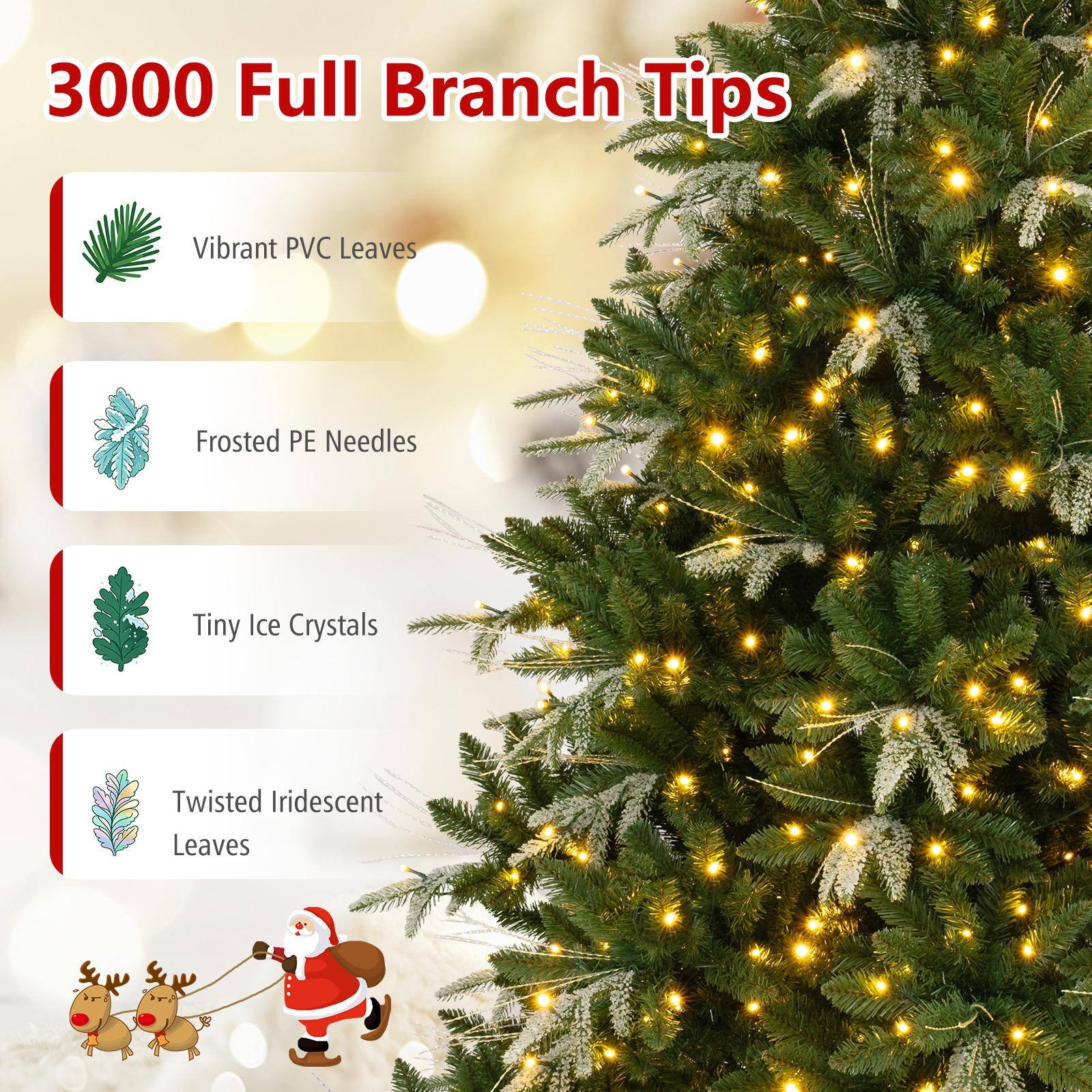 3000 Full Branch Tips

- Vibrant PVC Leaves
- Frosted PE Needles
- Tiny Ice Crystals
- Twisted Iridescent Leaves