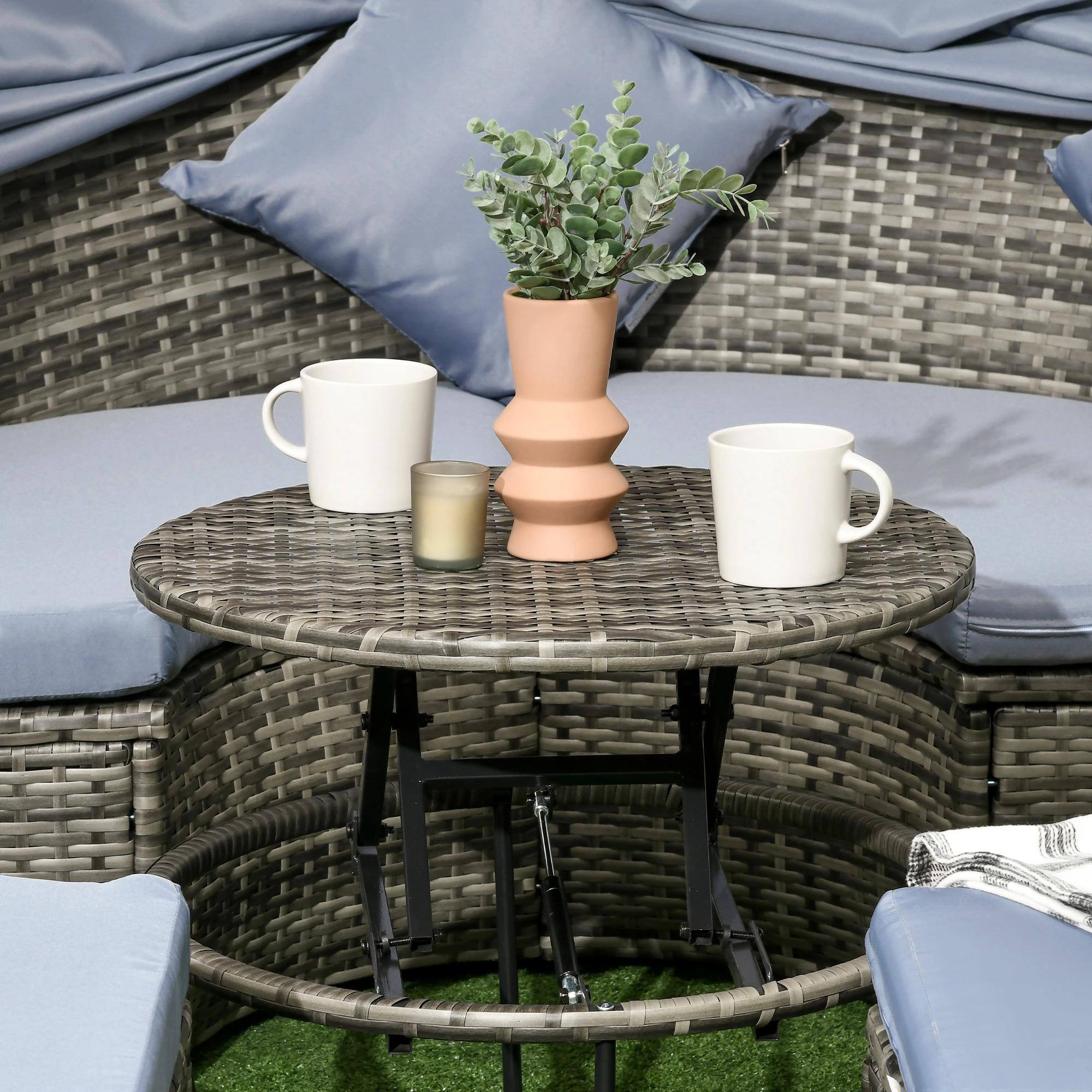 Alt View 4. Spaco - Spaco 4PC Round Convertible Daybed,Rattan Canopy Ottoman Teapoy,Weatherproof - Light Grey.