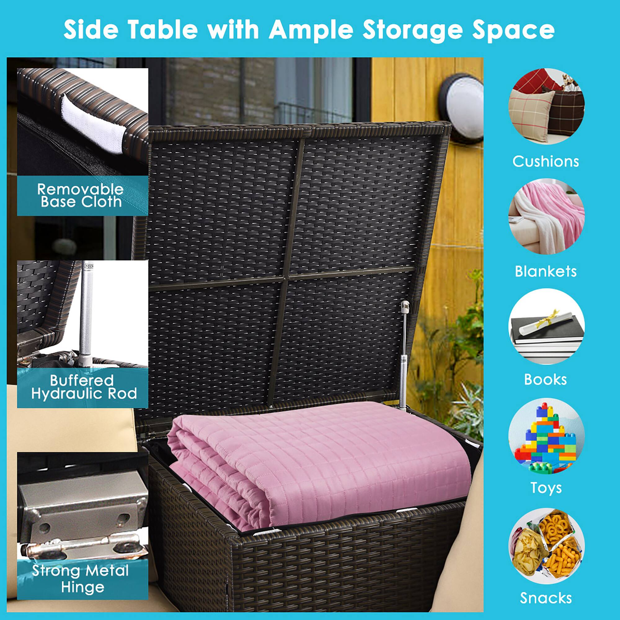 Side Table with Ample Storage Space, Cushions, Blankets, Buffered Hydraulic Rod, Books, Toys, Snacks, Removable Base Cloth, Strong Metal Hinge