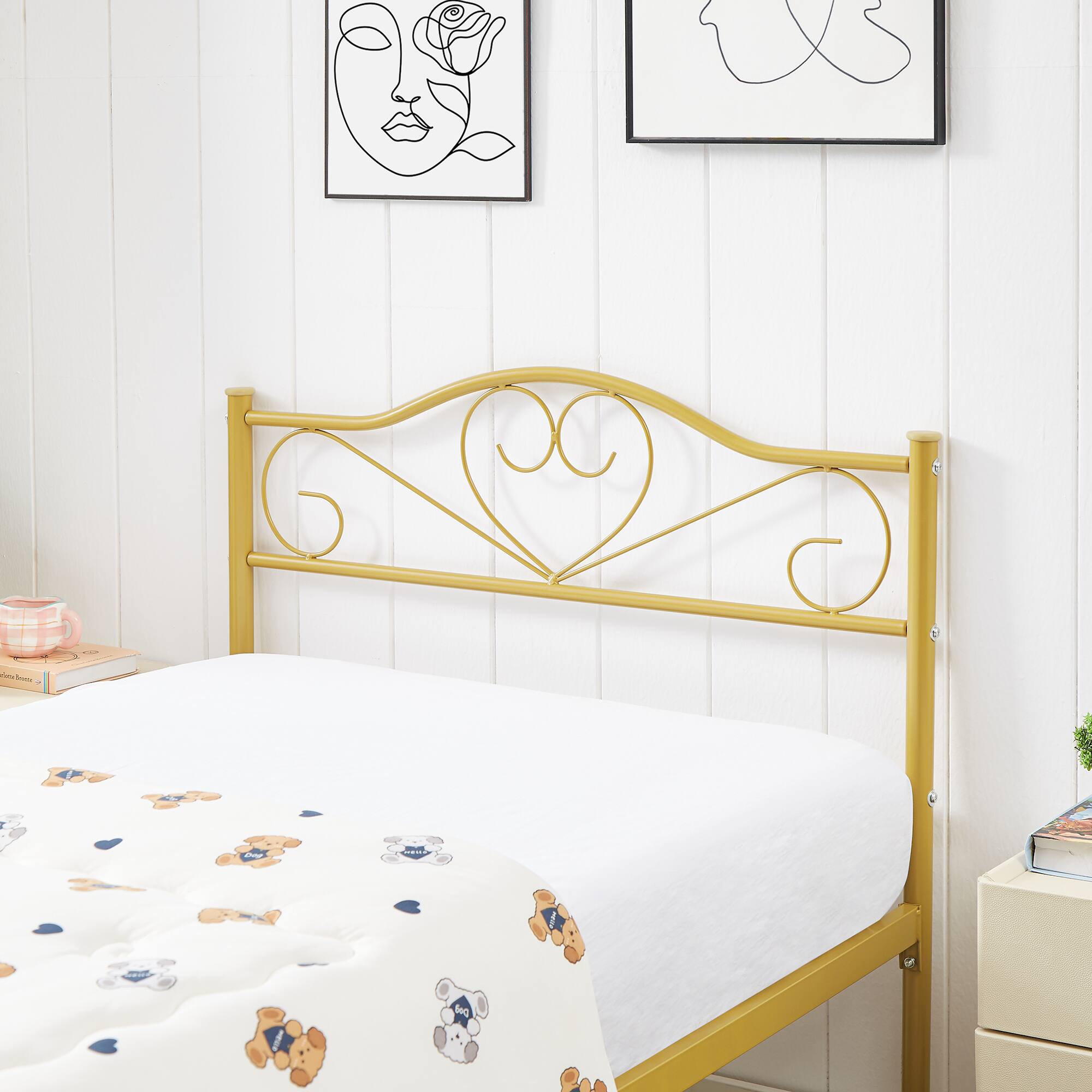 Left. Vecelo - 14" Twin Metal Bed Frame with Headboard&Footboard, Heavy Duty Steel Slats, No Box Spring, Gold-Easy Assembly - Gold.