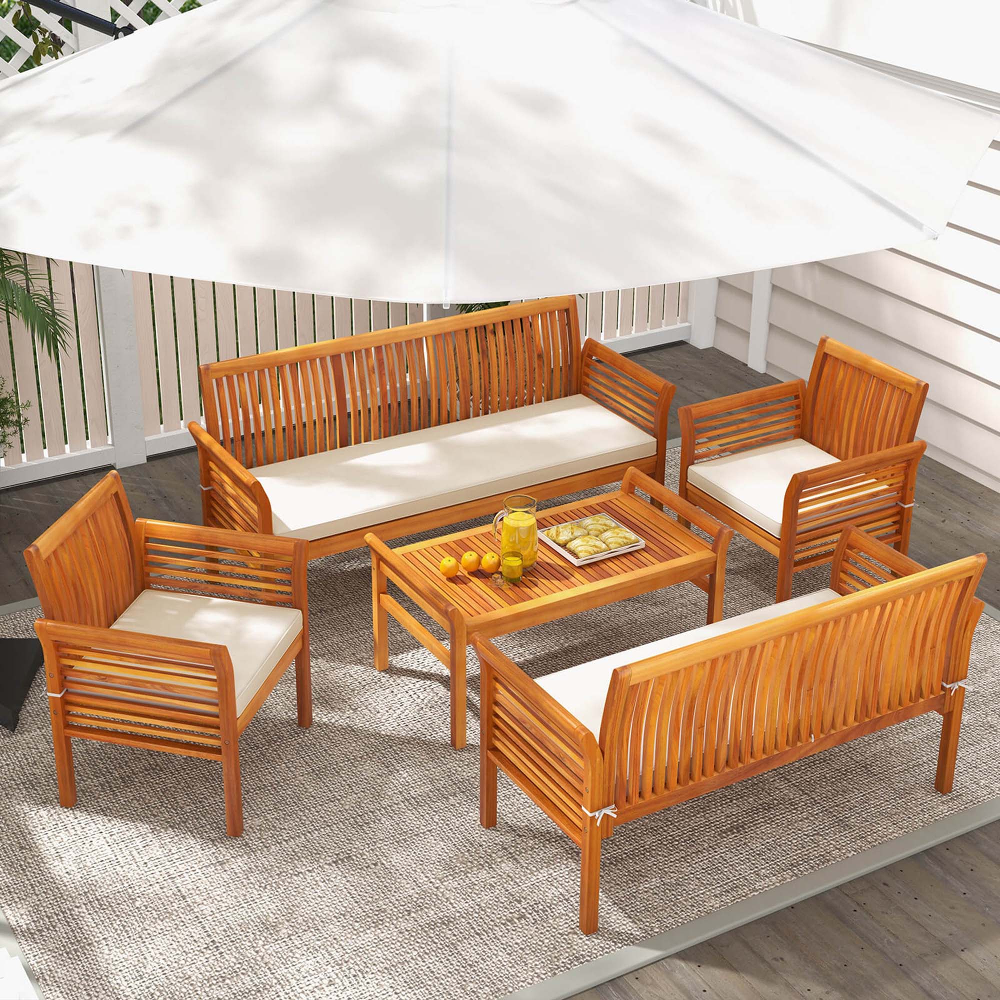 Angle. Costway - 5 PCS Patio Furniture Set with Acacia Wood Frame & Removable Seat Cushions - Off White,Natural.