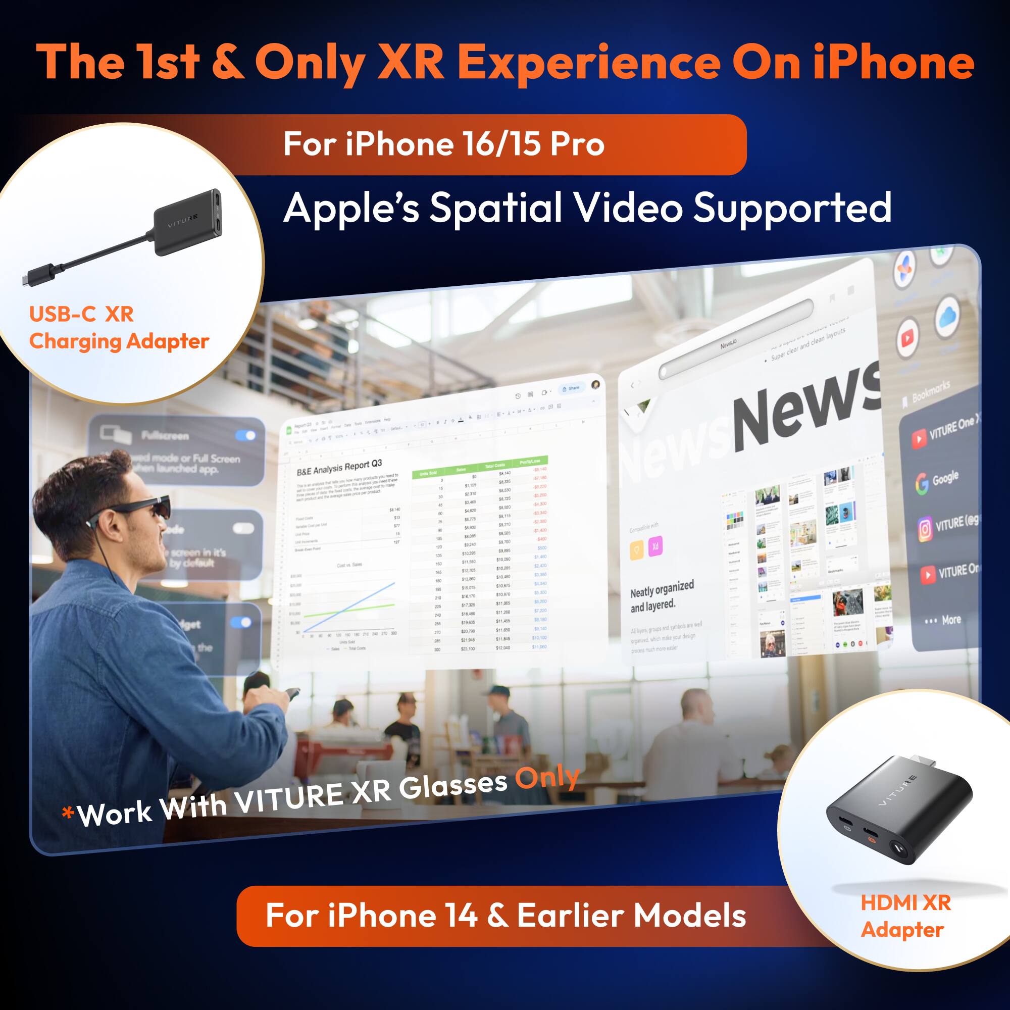 The 1st & Only XR Experience On iPhone

For iPhone 16/15 Pro

Apple's Spatial Video Supported

USB-C XR Charging Adapter

*Work With VITURE XR Glasses Only

For iPhone 14 & Earlier Models

HDMI XR Adapter