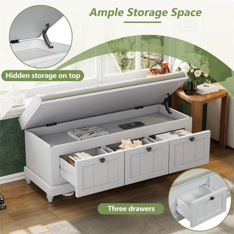 Ample Storage Space  
Hidden storage on top  
Three drawers