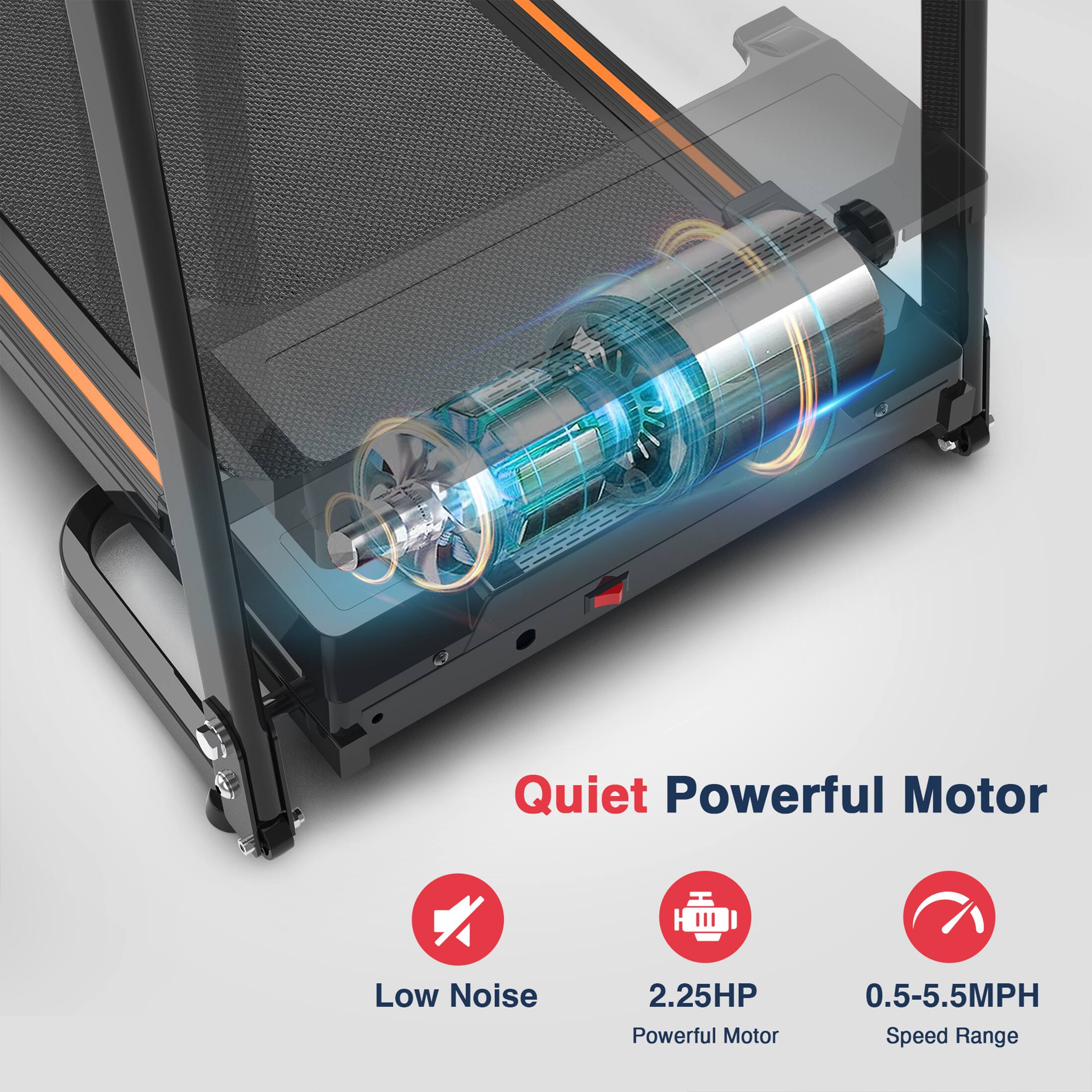 Quiet Powerful Motor, Low Noise, 2.25HP Powerful Motor, 0.5-5.5MPH Speed Range