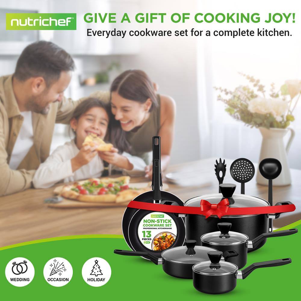 nutrichef  
GIVE A GIFT OF COOKING JOY!  
Everyday cookware set for a complete kitchen.  

NON-STICK COOKWARE SET  
13 PIECES  

WEDDING  
OCCASION  
HOLIDAY