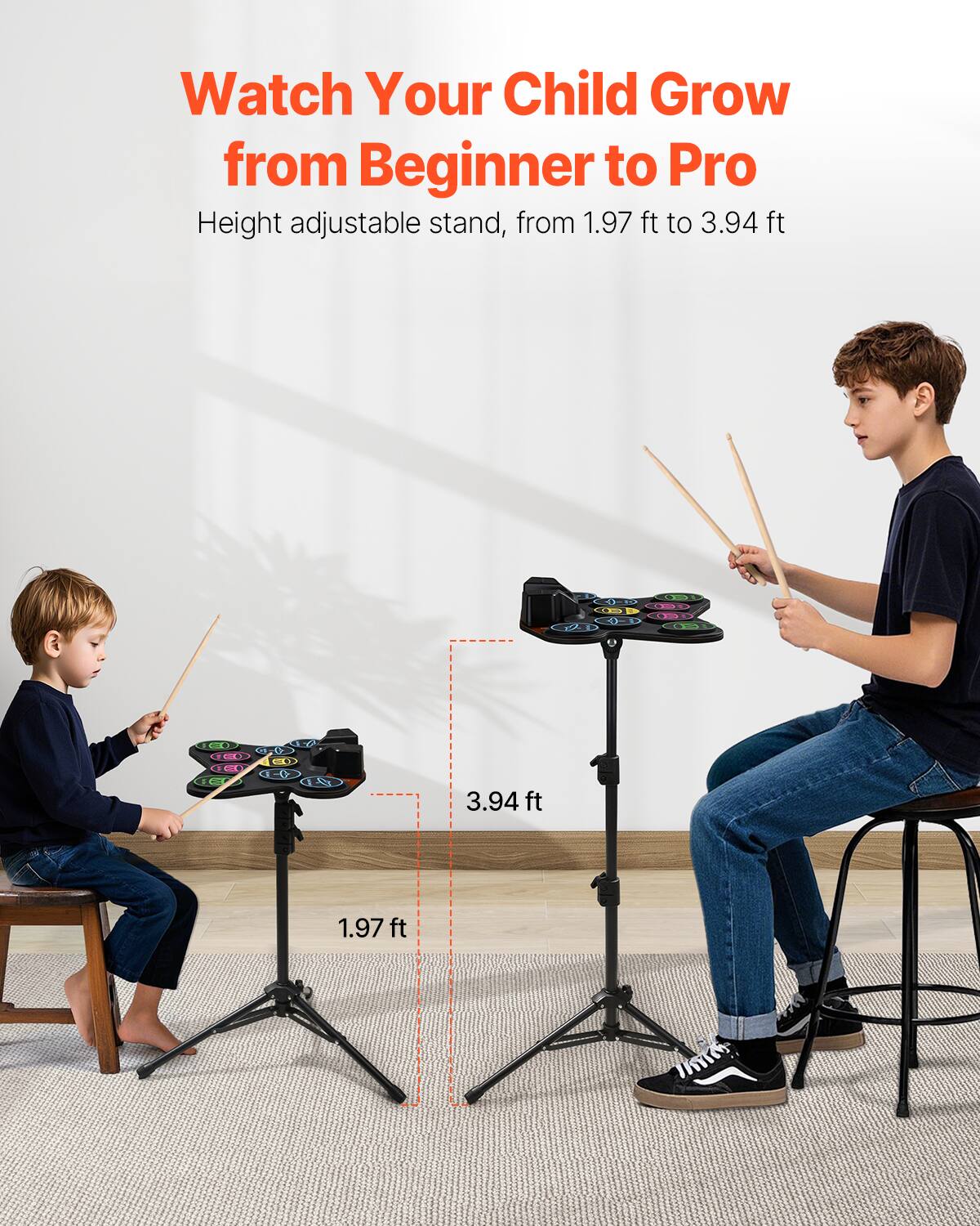 Watch Your Child Grow from Beginner to Pro

Height adjustable stand, from 1.97 ft to 3.94 ft

1.97 ft

3.94 ft
