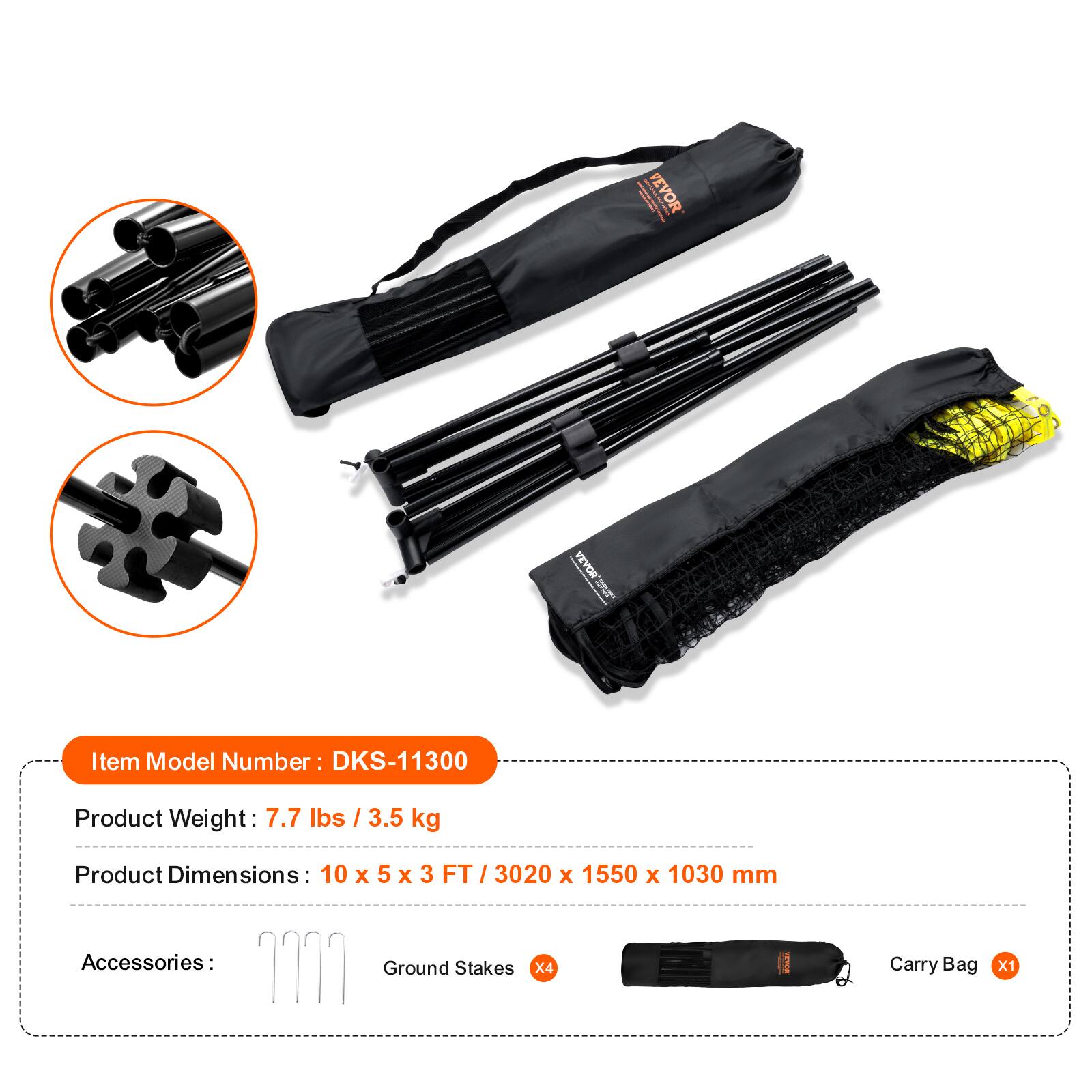 Item Model Number: DKS-11300

Product Weight: 7.7 lbs / 3.5 kg

Product Dimensions: 10 x 5 x 3 FT / 3020 x 1550 x 1030 mm

Accessories:
- Ground Stakes x4
- Carry Bag x1