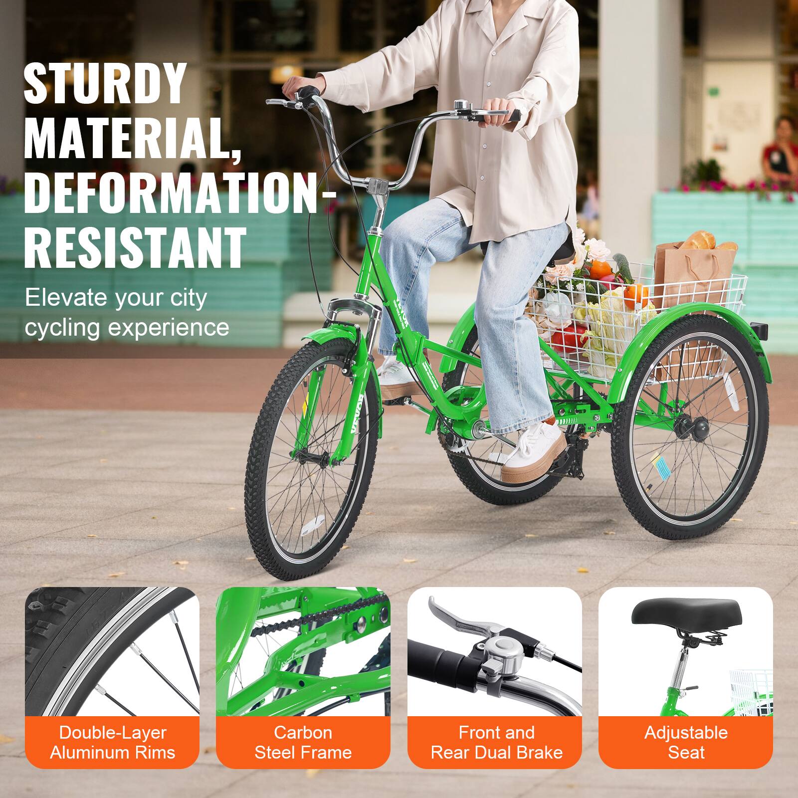 STURDY MATERIAL, DEFORMATION-RESISTANT
Elevate your city cycling experience
Double-Layer Aluminum Rims
Carbon Steel Frame
Front and Rear Dual Brake
Adjustable Seat