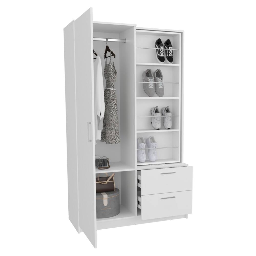 Alt View 3. Loheer - Loheer 71 inch high white mirror armoire, one door wardrobe cabinet with drawers - White.