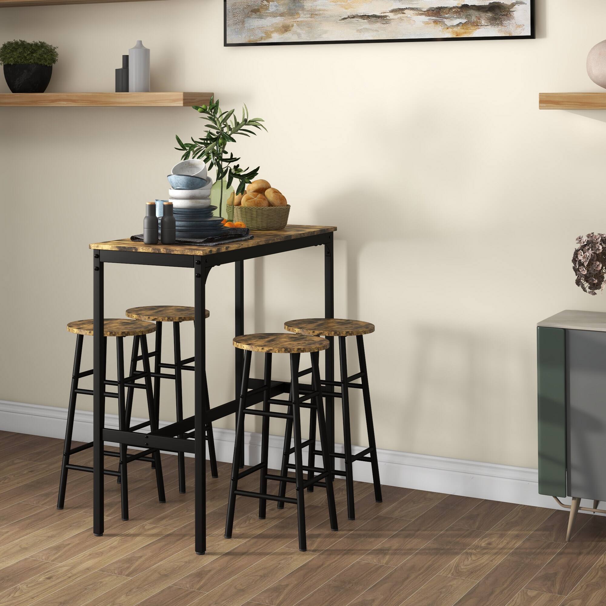 Alt View 6. Ecooso - Bar Table Set for 4, Industrial High Top Table with Bar Stools, 5-Piece Small Kitchen Table and Chairs for Pub - Rustic Brown.