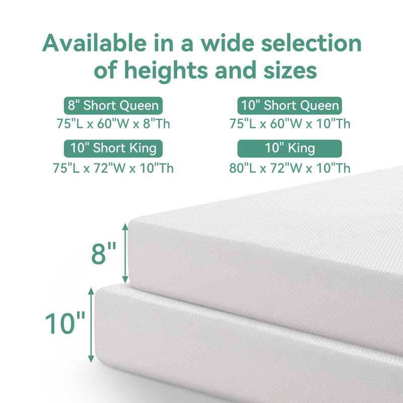 Available in a wide selection of heights and sizes

8" Short Queen  
75"L x 60"W x 8"Th

10" Short Queen  
75"L x 60"W x 10"Th

10" Short King  
75"L x 72"W x 10"Th

10" King  
80"L x 72"W x 10"Th
