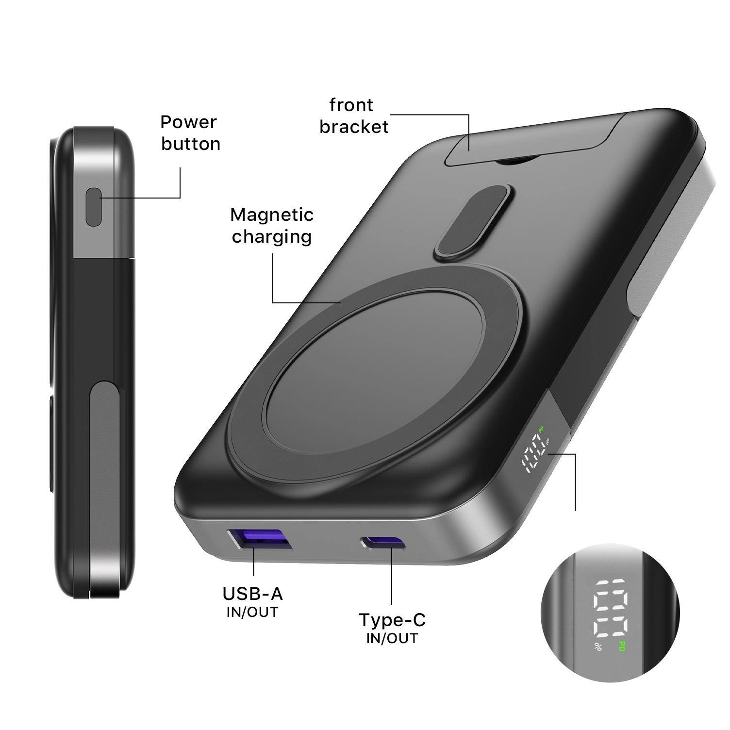 Power button front bracket Magnetic charging USB-A IN/OUT Type-C IN/OUT
