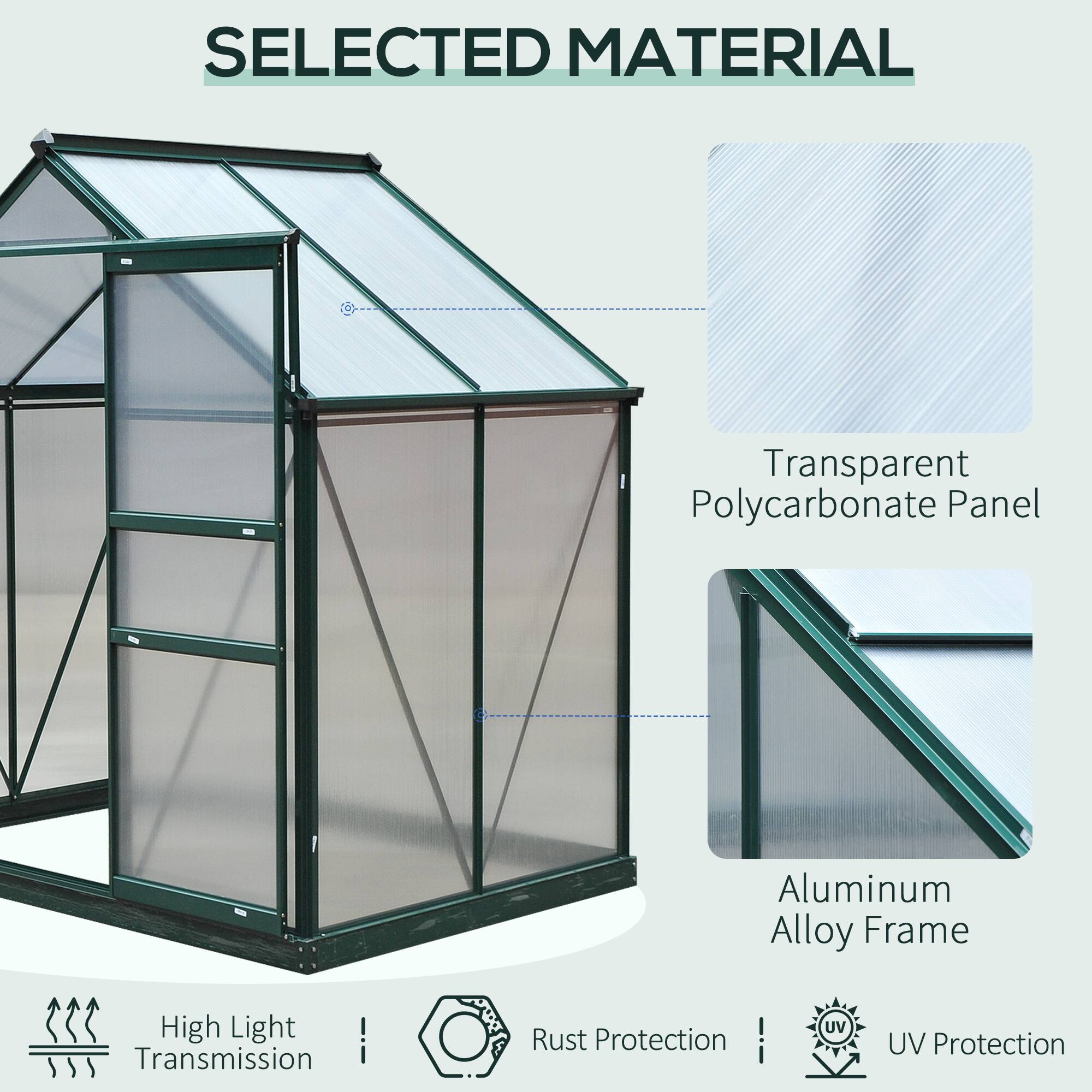 SELECTED MATERIAL
Transparent Polycarbonate Panel
Aluminum Alloy Frame
High Light Transmission
Rust Protection
UV Protection
