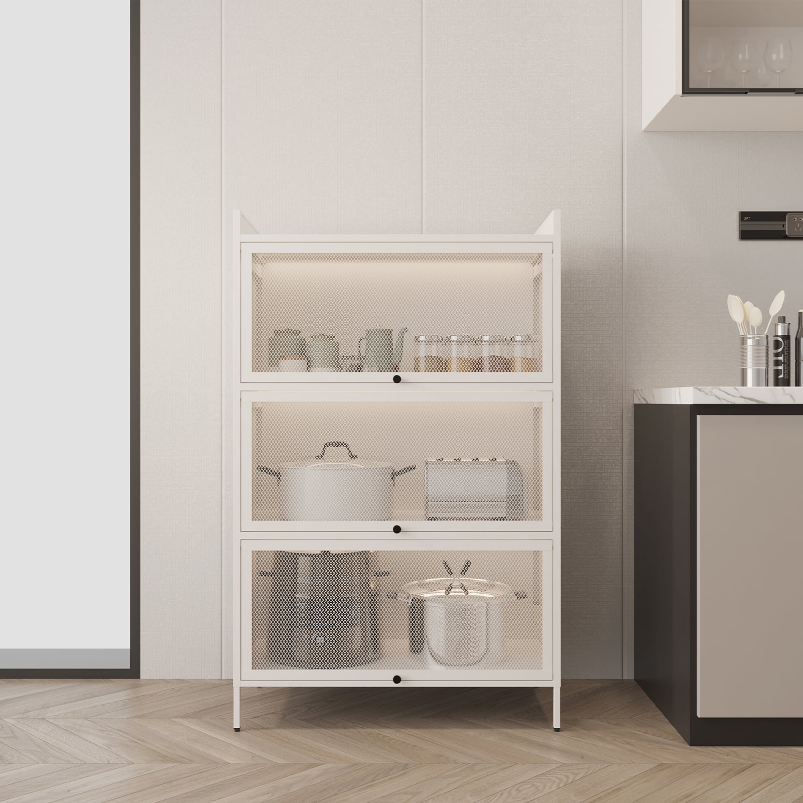 Front Zoom. LOVMOR - Metal Pantry Storage Cabinet with Freestanding Cupboard and Retractable Doors - White.