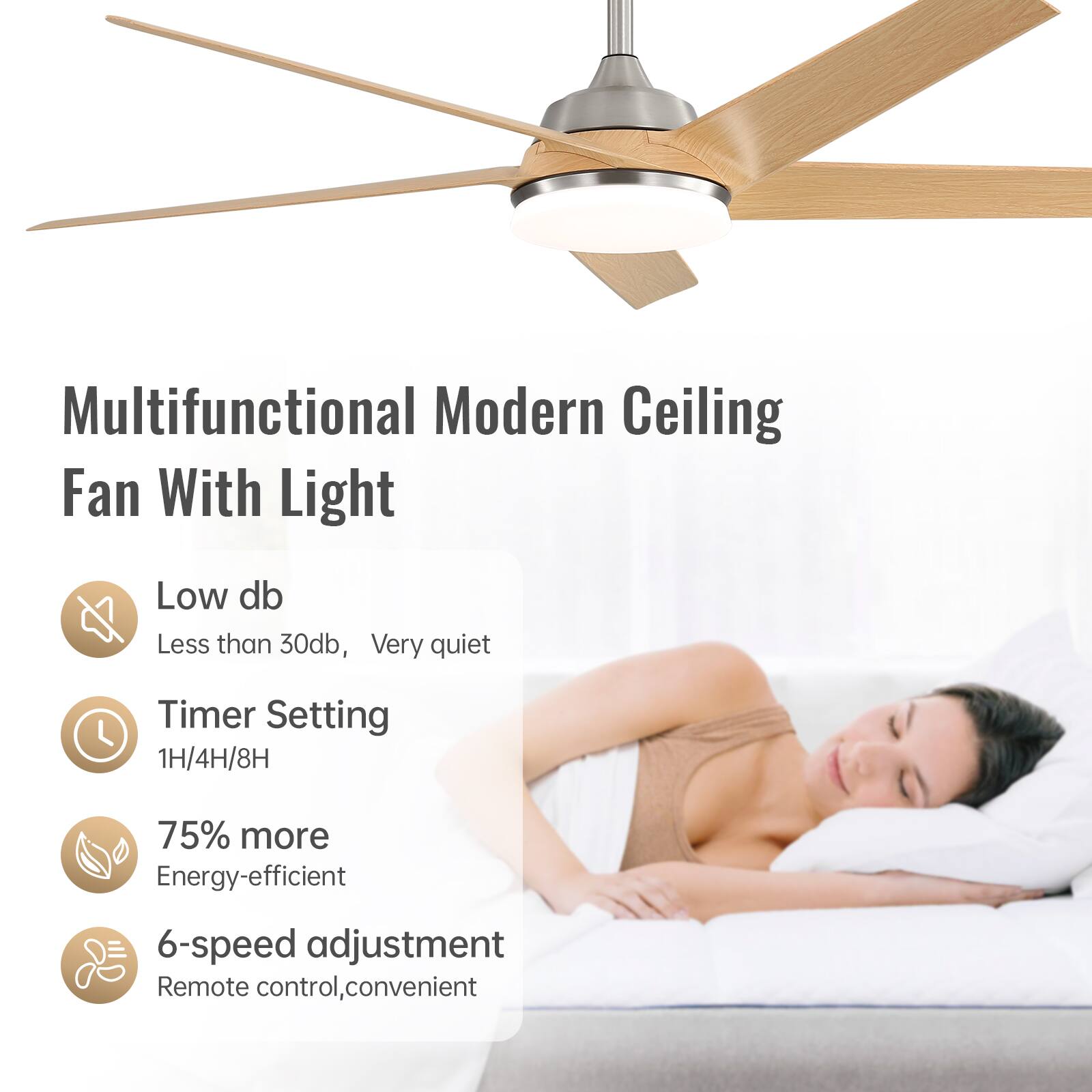 Multifunctional Modern Ceiling Fan With Light

- Low db
  - Less than 30db, Very quiet

- Timer Setting
  - 1H/4H/8H

- 75% more
  - Energy-efficient

- 6-speed adjustment
  - Remote control, convenient