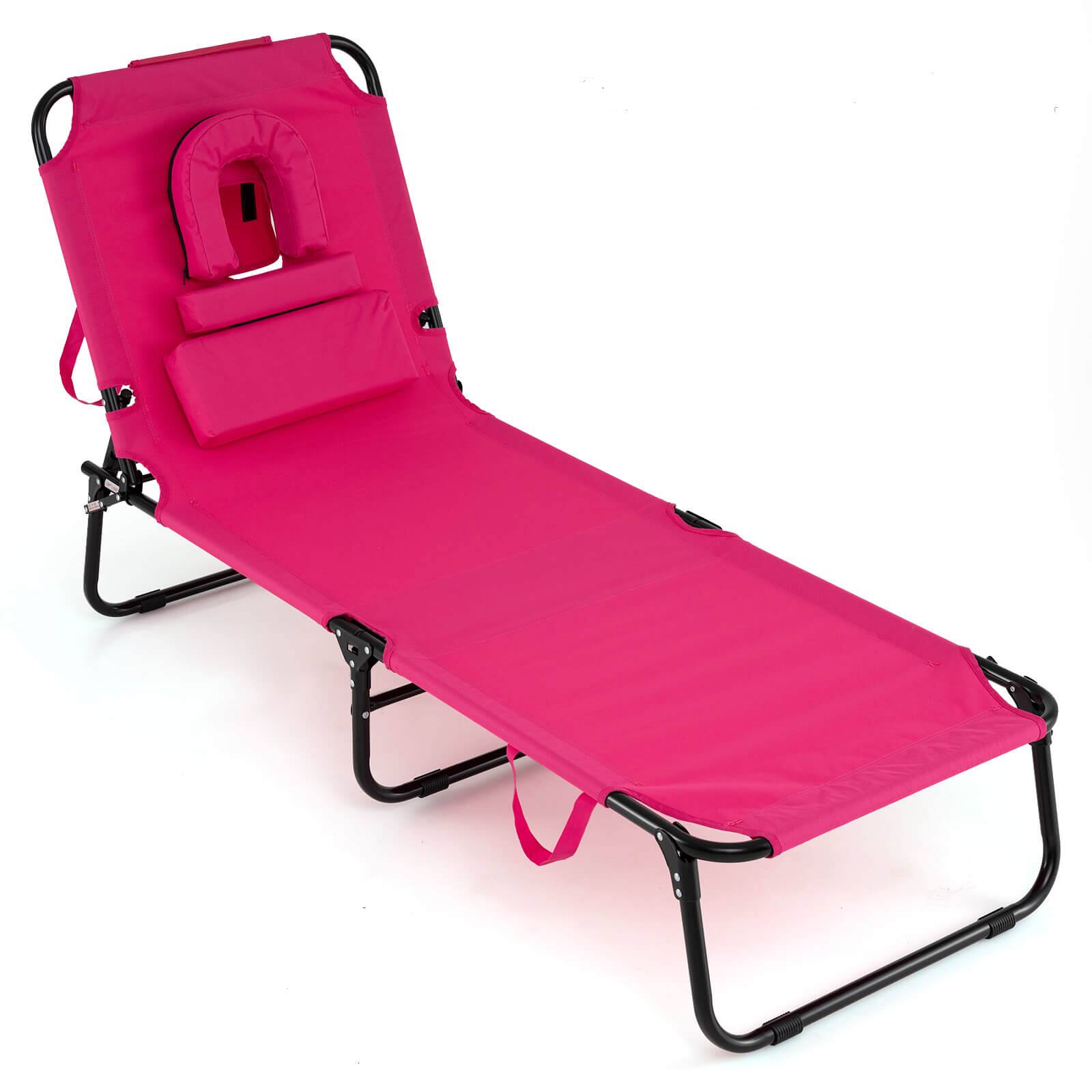 Costway - Folding Beach Sun Lounger with Face Hole & Removable Pillows, 4-Position Backrest - Pink price history on PriceWatchPro