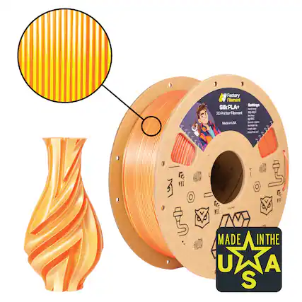 Factory Flament Silk PLA+ Settings
3D Printer Flament
Made in USA
Settings:
- Bed Temp: 20-25°C
- Nozzle Temp: 200-220°C
- Print Speed: 50-60 mm/s
- Layer Height: 0.2 mm
MADE IN THE USA
