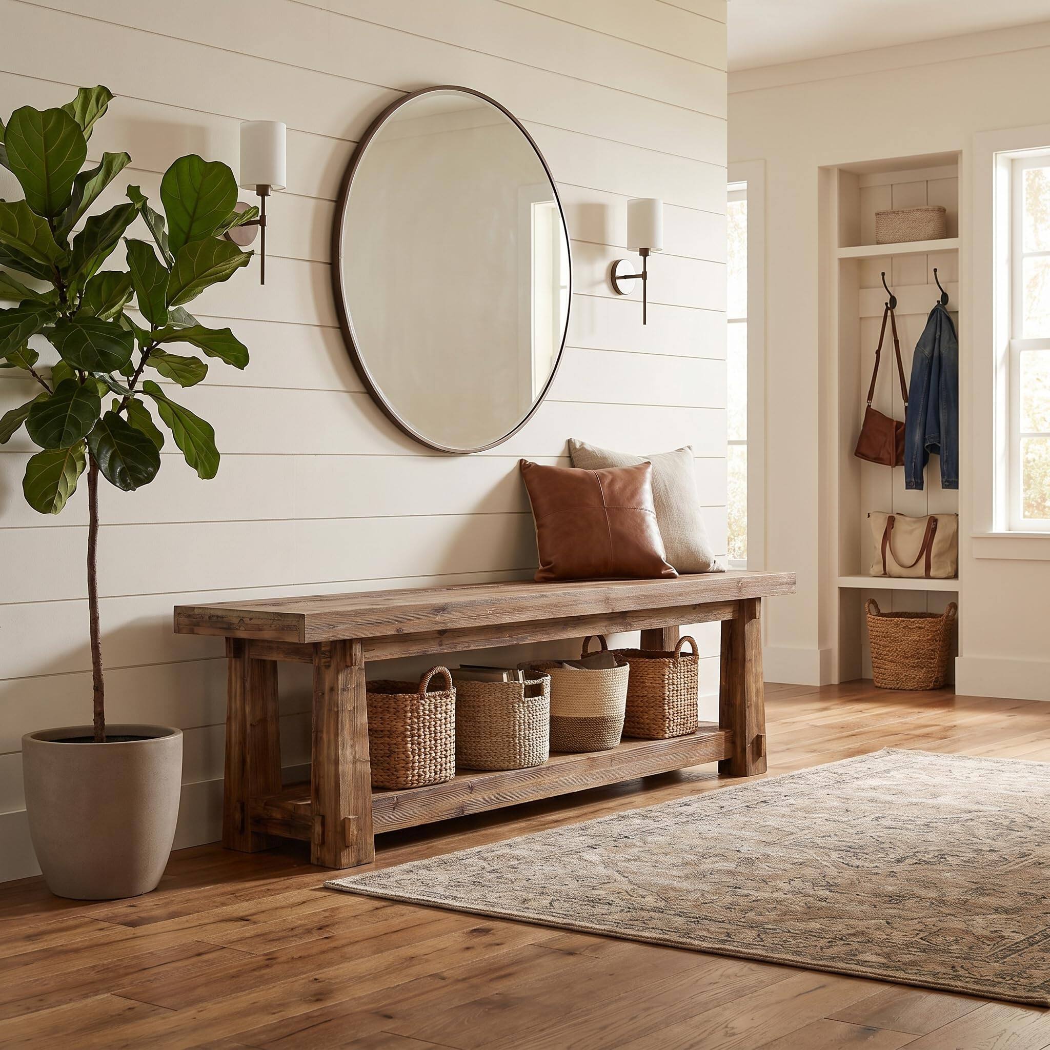 Alt View 4. Tribesigns - 55" Wood Entryway Bench with Shoe Storage, Rustic Dining Bench - Light Brown.