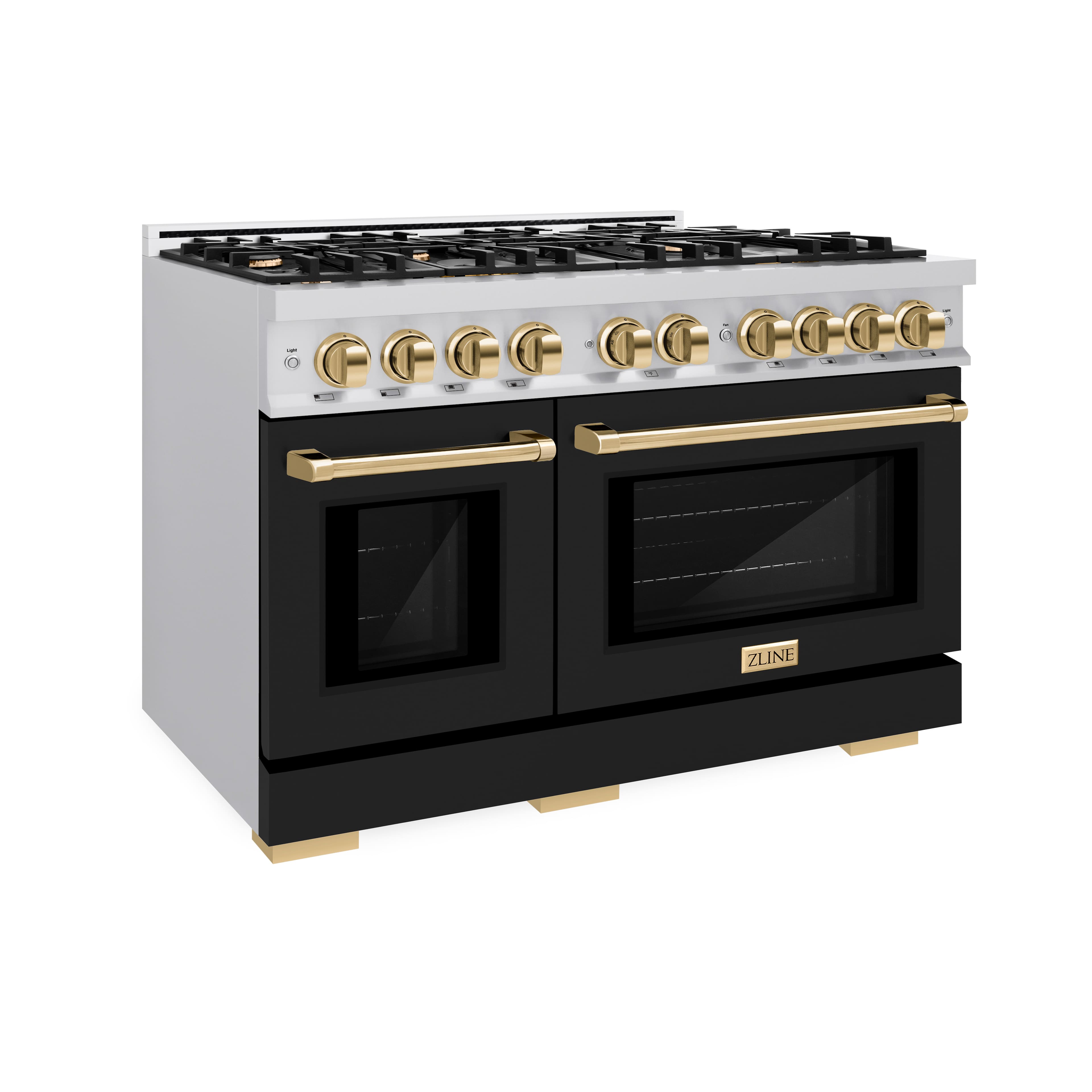 ZLINE - Autograph 48 in. 6.7 cu. ft. Freestanding Select Double Oven Gas Range w/ Black Doors & Gold Accents - Stainless Steel - Front_Zoom