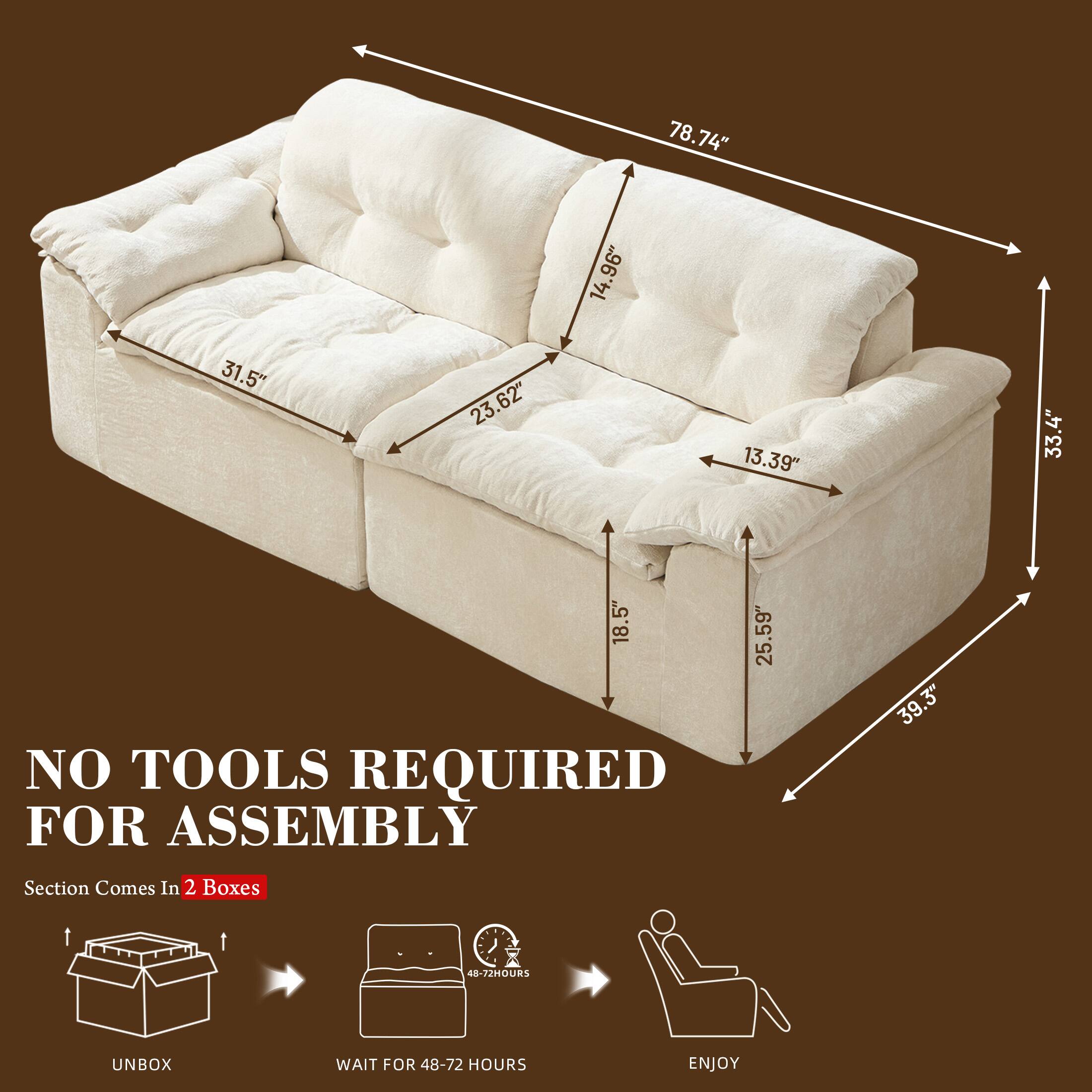 78.74" 14.96" 31.5" 23.62" 13.39" 33.4" 18.5" 25.59" 39.3"  
NO TOOLS REQUIRED FOR ASSEMBLY  
Section Comes In 2 Boxes  
UNBOX  
WAIT FOR 48-72 HOURS  
ENJOY