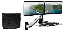 Mount-It! - Wall‑Mounted Dual Monitor Sit‑Stand Workstation with Adjustable Height, Keyboard Tray & CPU Storage - Silver