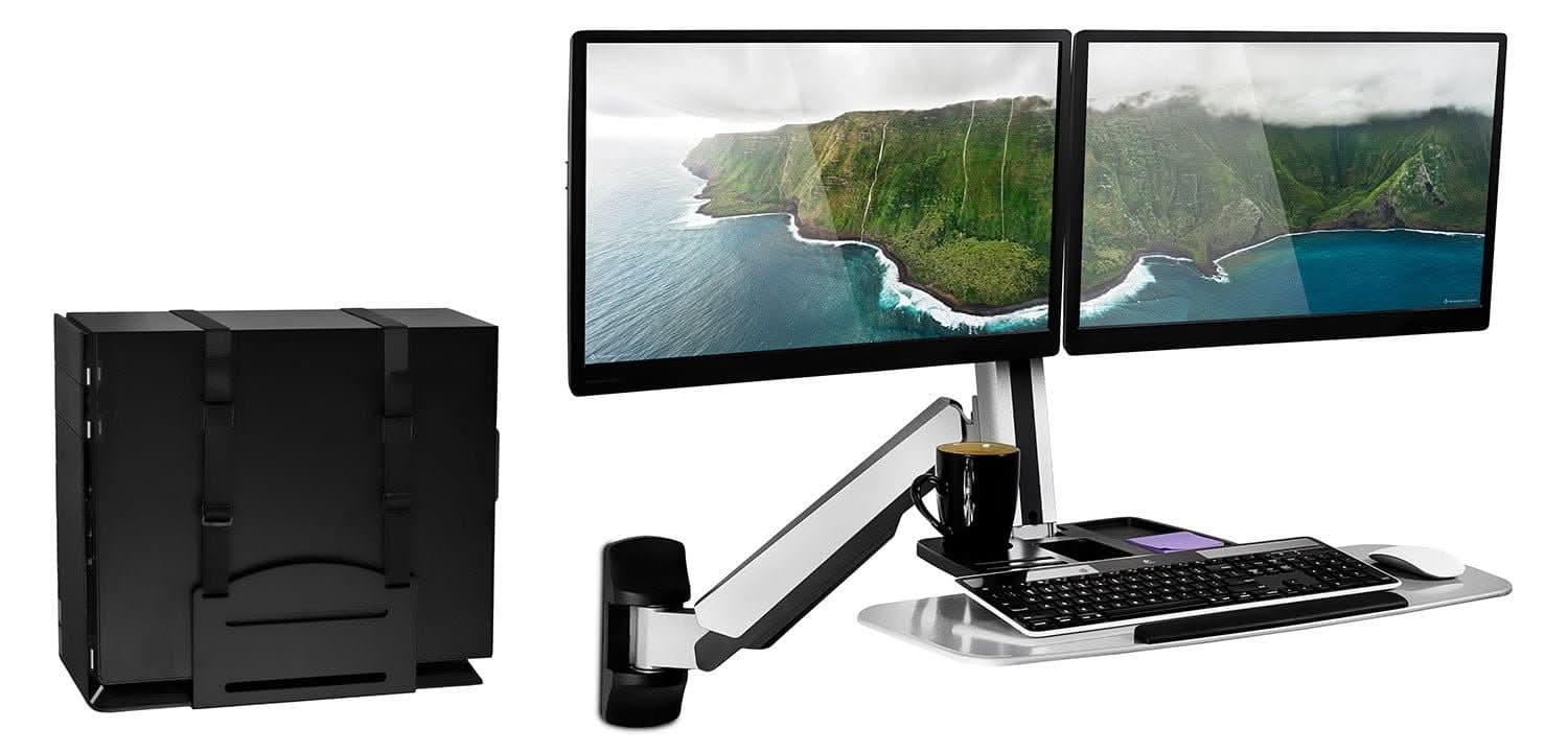 Front. Mount-It! - Wall‑Mounted Dual Monitor Sit‑Stand Workstation with Adjustable Height, Keyboard Tray & CPU Storage, Silver - Silver.