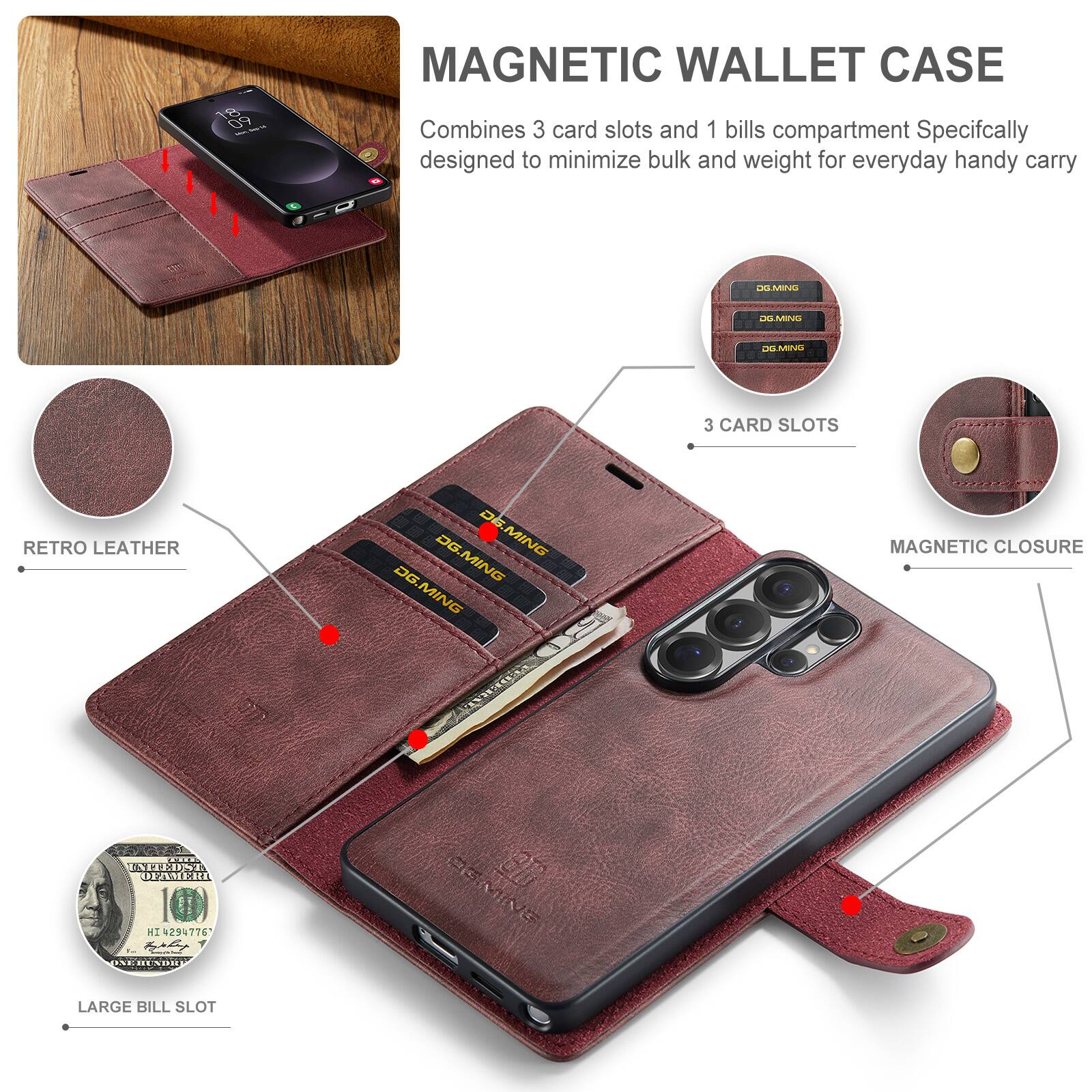 09 MAGNETIC WALLET CASE  
Combines 3 card slots and 1 bills compartment  
Specifically designed to minimize bulk and weight for everyday handy carry  

- RETRO LEATHER  
- 3 CARD SLOTS  
- MAGNETIC CLOSURE  
- LARGE BILL SLOT  

DG.MING  
DG.MING  
DG.MING