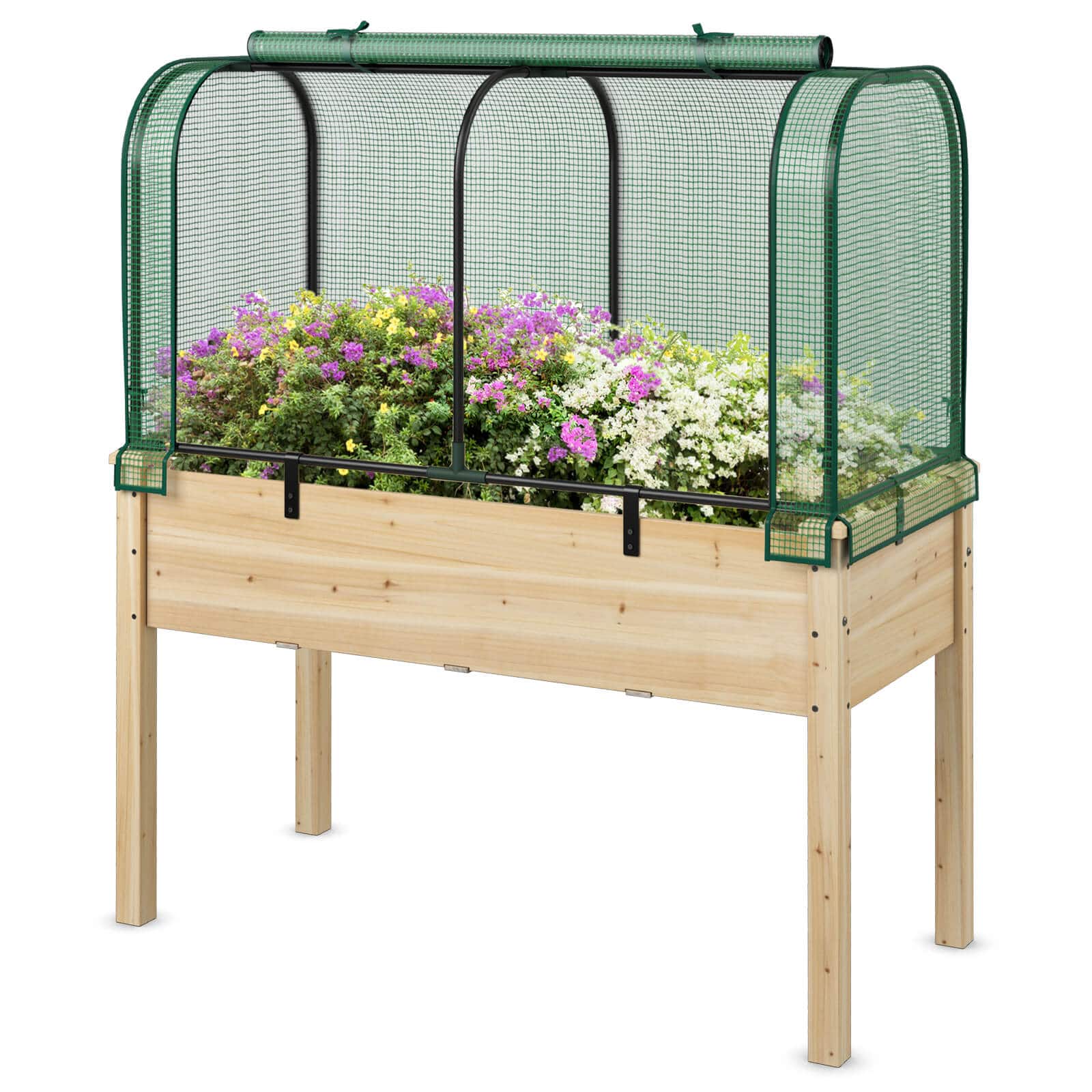 Front. Costway - Wood Raised Garden Bed with Greenhouse Cover Mini Portable Greenhouse Kit - Green + Beige.