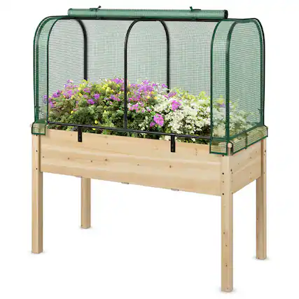 Front. Costway - Wood Raised Garden Bed with Greenhouse Cover Mini Portable Greenhouse Kit - Green + Beige.