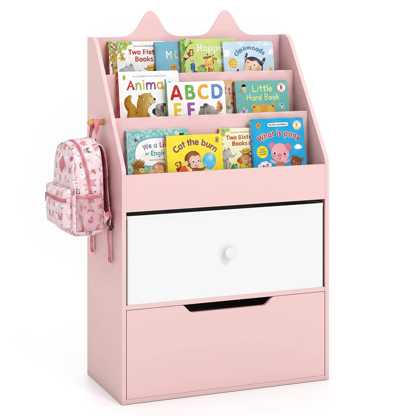 Costway - Kids Bookshelf & Toy Storage Organizer with Drawers & Hook for Kids Room, Nursery - Pink