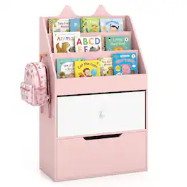 Costway - Kids Bookshelf & Toy Storage Organizer with Drawers & Hook for Kids Room, Nursery - Pink