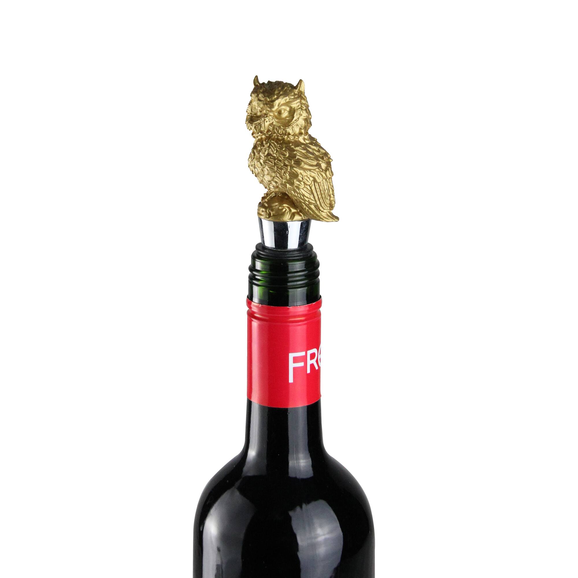 Alt View 2. Wild Eye - 4.75" Woodland Handcrafted Gold Owl Stainless Steel Wine Bottle Stopper - Silver.