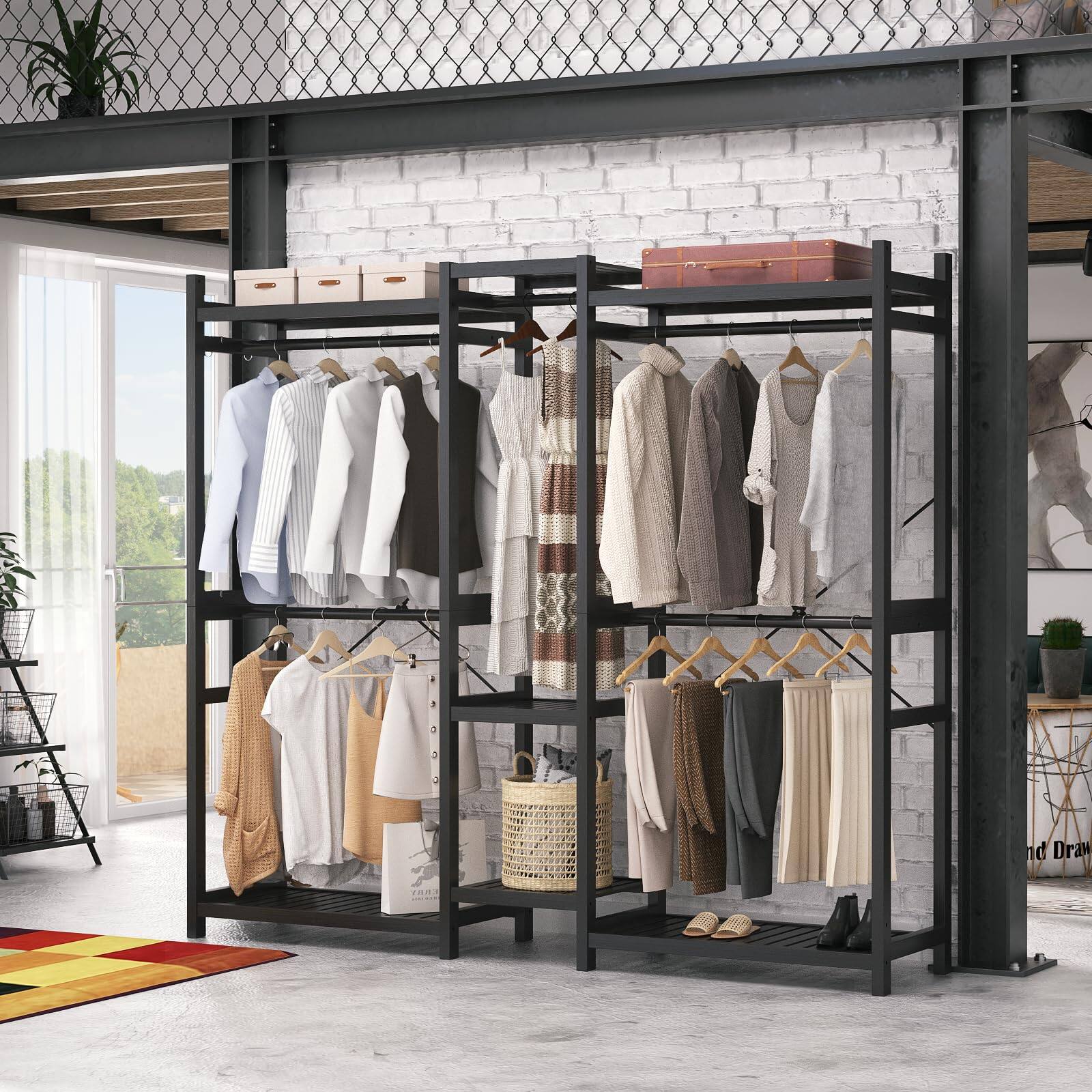 Left. Aheaplus - Bamboo Large Freestanding Garment Rack - 7 Shelves, 5 Rods & 4 Hooks - Open Closet Organizer - Black.