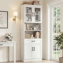 Aheaplus - 79.7'' Tall Bookcase with Drawer and Door, Floor-standing Storage Cabinet with Adjustable Shelves - White