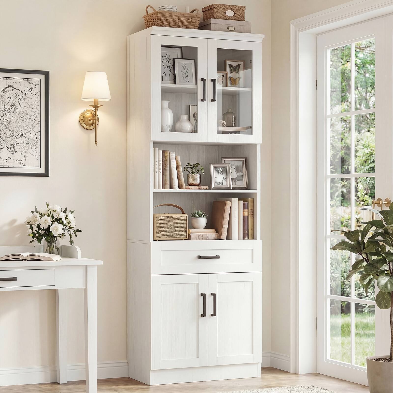 Alt View 3. Aheaplus - 79.7" Tall Kitchen Pantry Storage Cabinet, Kitchen Hutch Cabinet with Glass Door, Adjustable Shelves and Drawer - White.