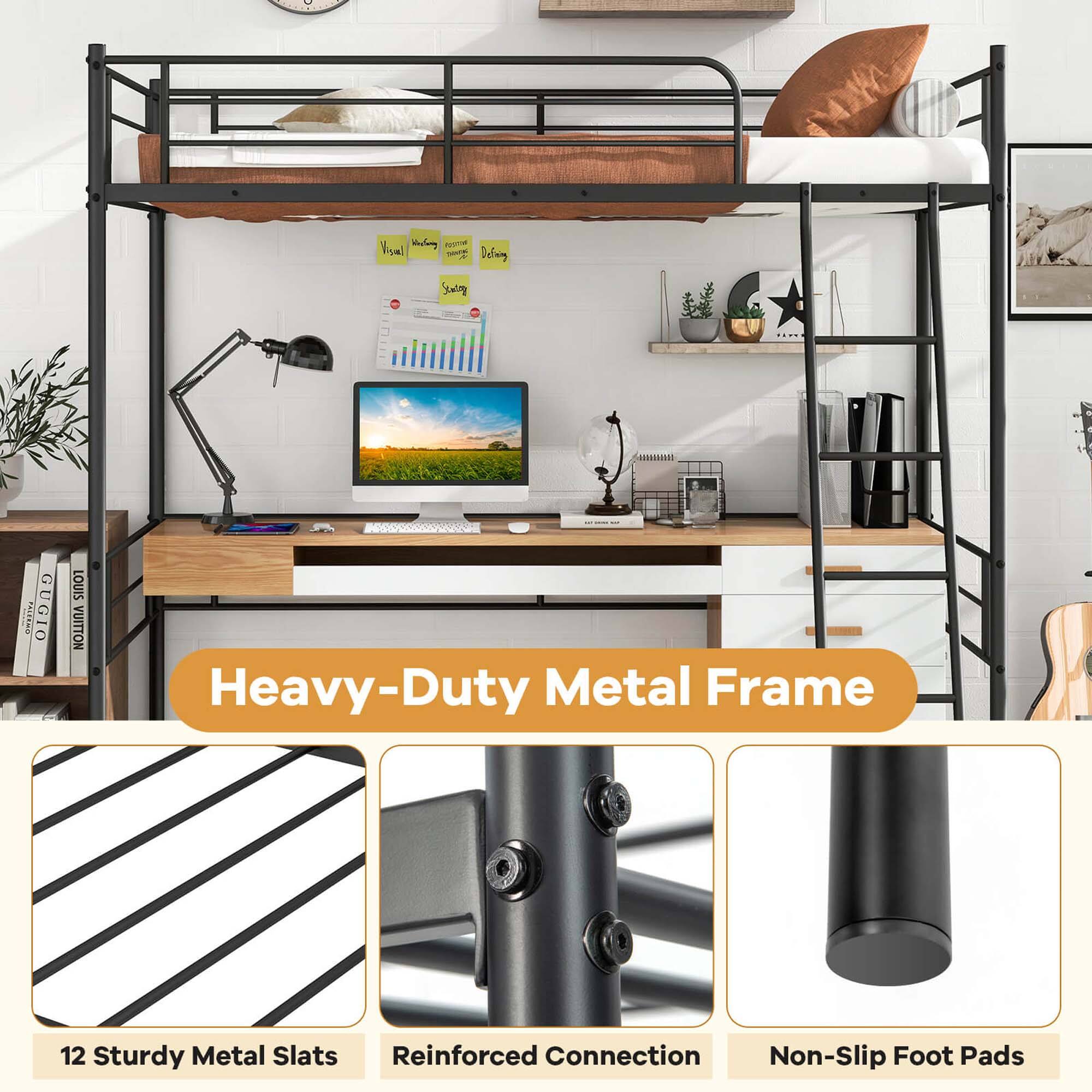 Heavy-Duty Metal Frame 12 Sturdy Metal Slats Reinforced Connection Non-Slip Foot Pads