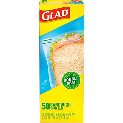 GLAD LOCKS IN DOUBLE SEAL PRESHNESS  
50 SANDWICH ZIPPER BAGS  
50 SANDWICH SIZE BAGS  
6-5/8 IN X 5-7/8 IN (16.8 cm X 14.9 cm)