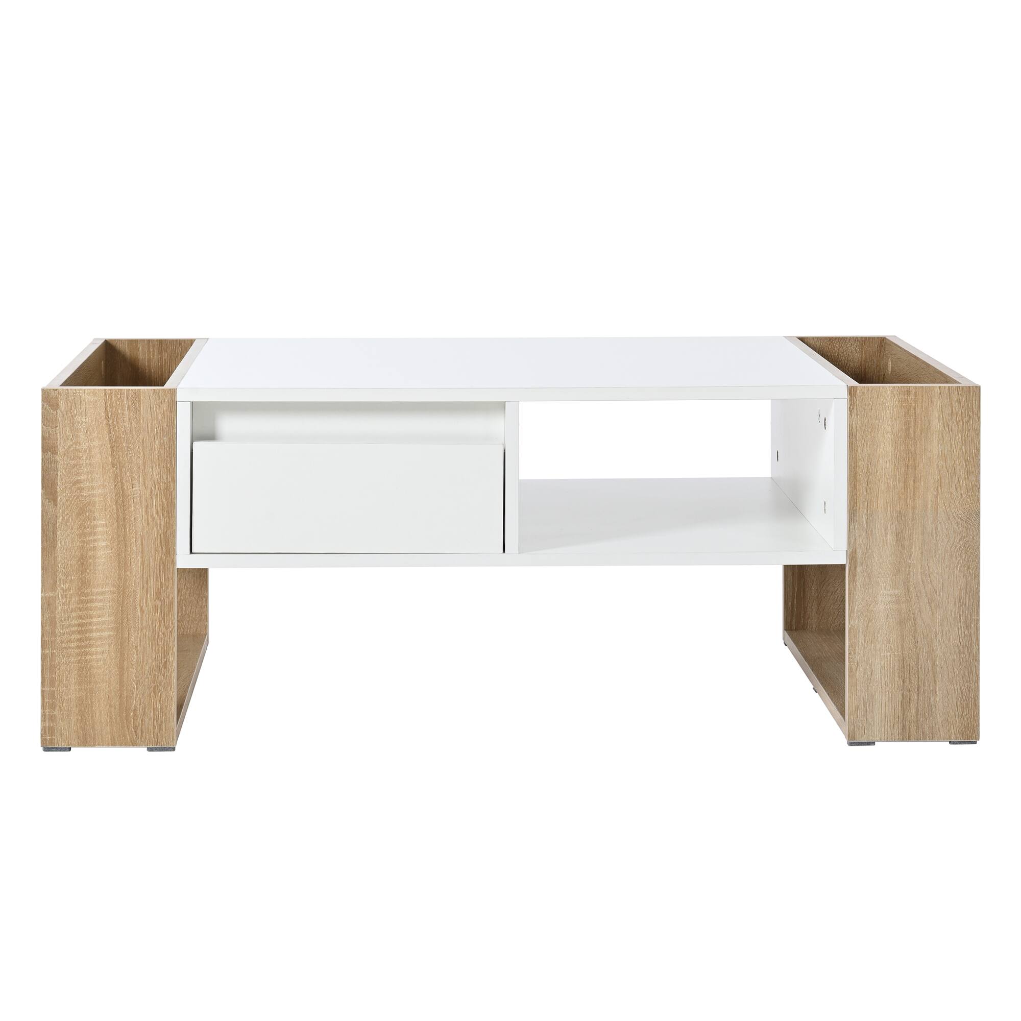 Alt View 5. Tiramisubest - High Glossy Coffee Table with 2 Drawers,Practical Two Tone Center Table with Hidden Compartments,Open Shelf,White - White+Natural.
