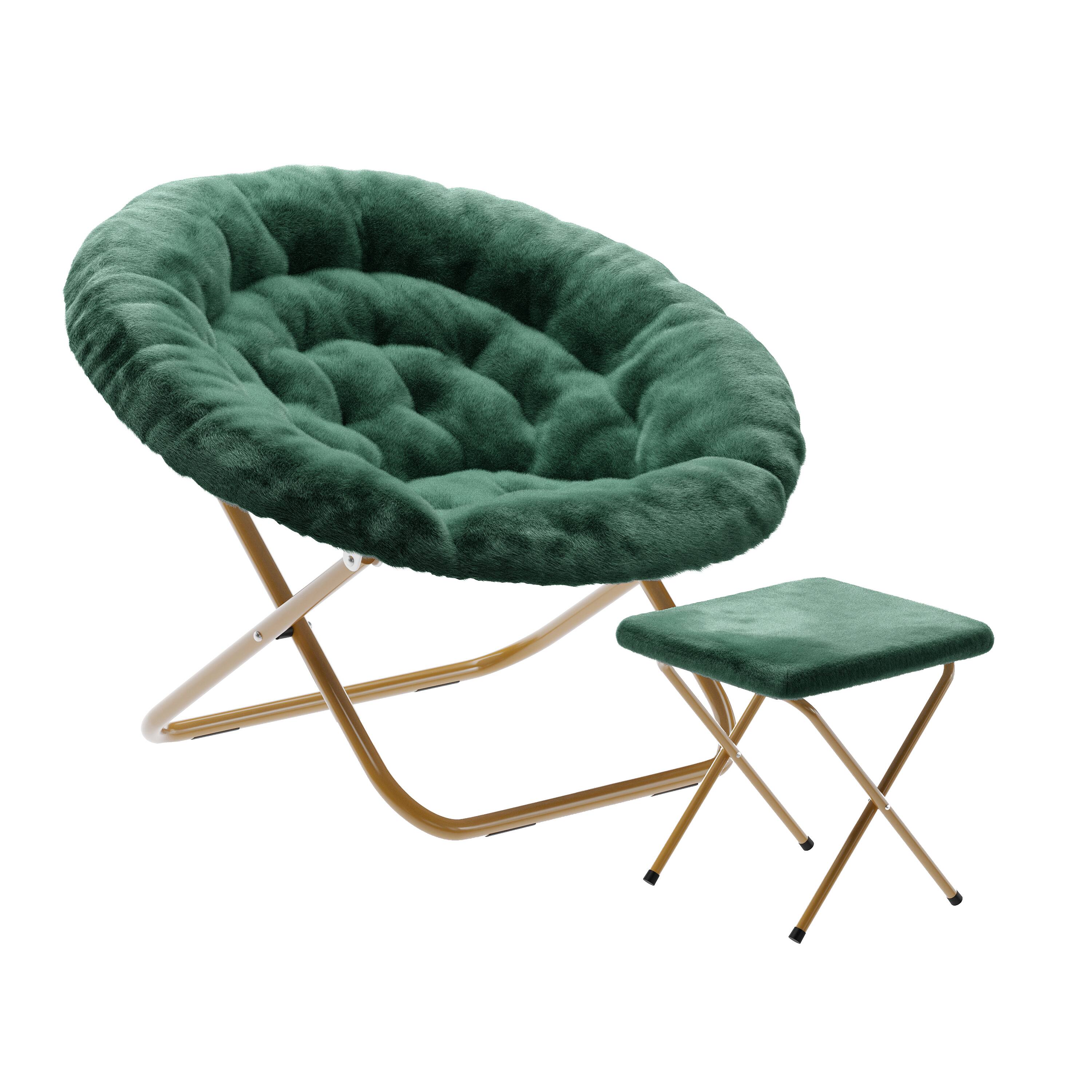 Emma + Oliver - Ersa Oversize Folding Saucer Moon Chair and Ottoman for Dorm and Bedroom with Steel Frames - Emerald Fabric/Soft Gold Frame
