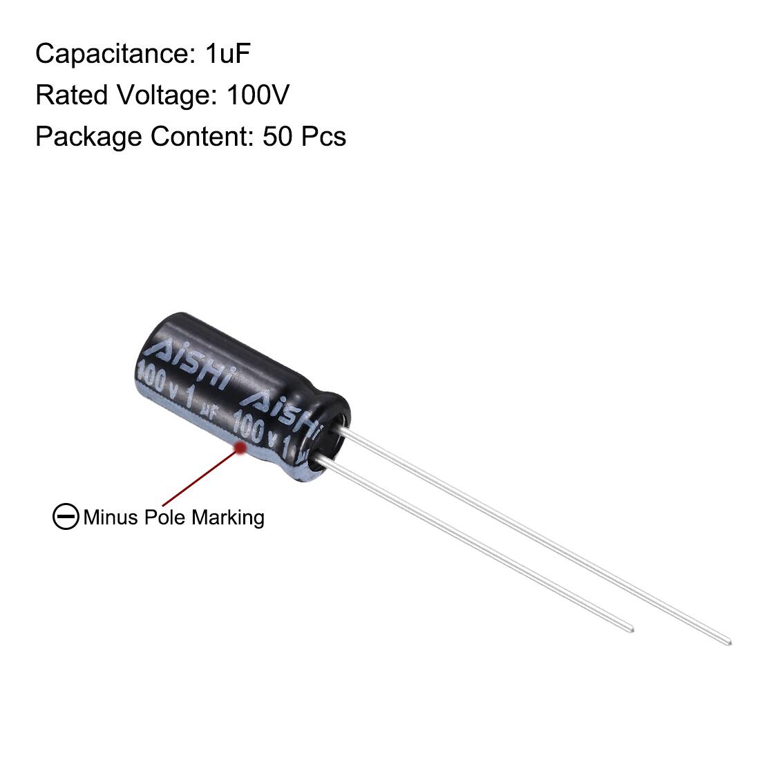 Capacitance: 1uF  
Rated Voltage: 100V  
Package Content: 50 Pcs  

AISHI 100V 1uF 100V 1uF  

Minus Pole Marking