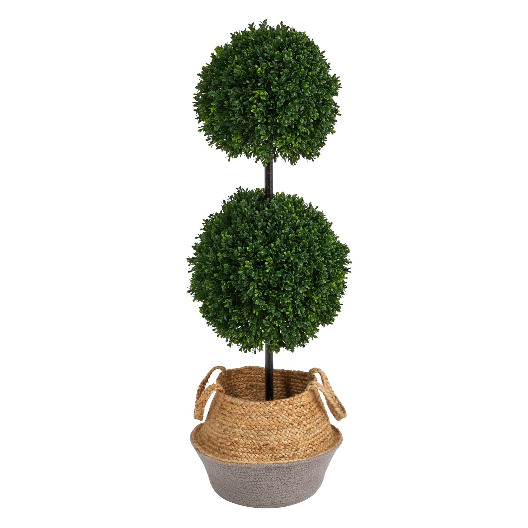 Front. BreeBe - 3.5' Boxwood Tree in Jute Gray Planter UV (Indoor/Outdoor) - Multicolor.