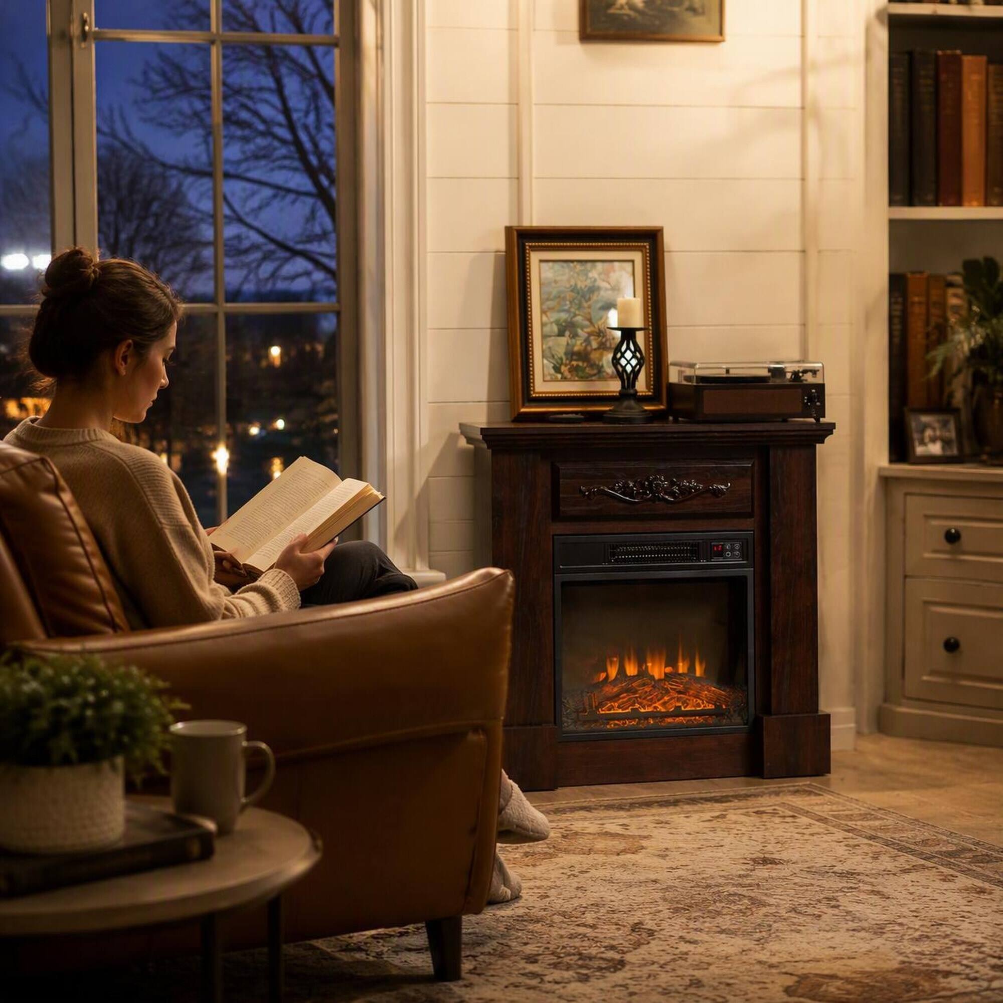 Left. RYHNUYNE - 32-inch Freestanding Electric Fireplace Mantel Unit with Realistic LED Logs, 1400W Heater, Remote Control - Brown.